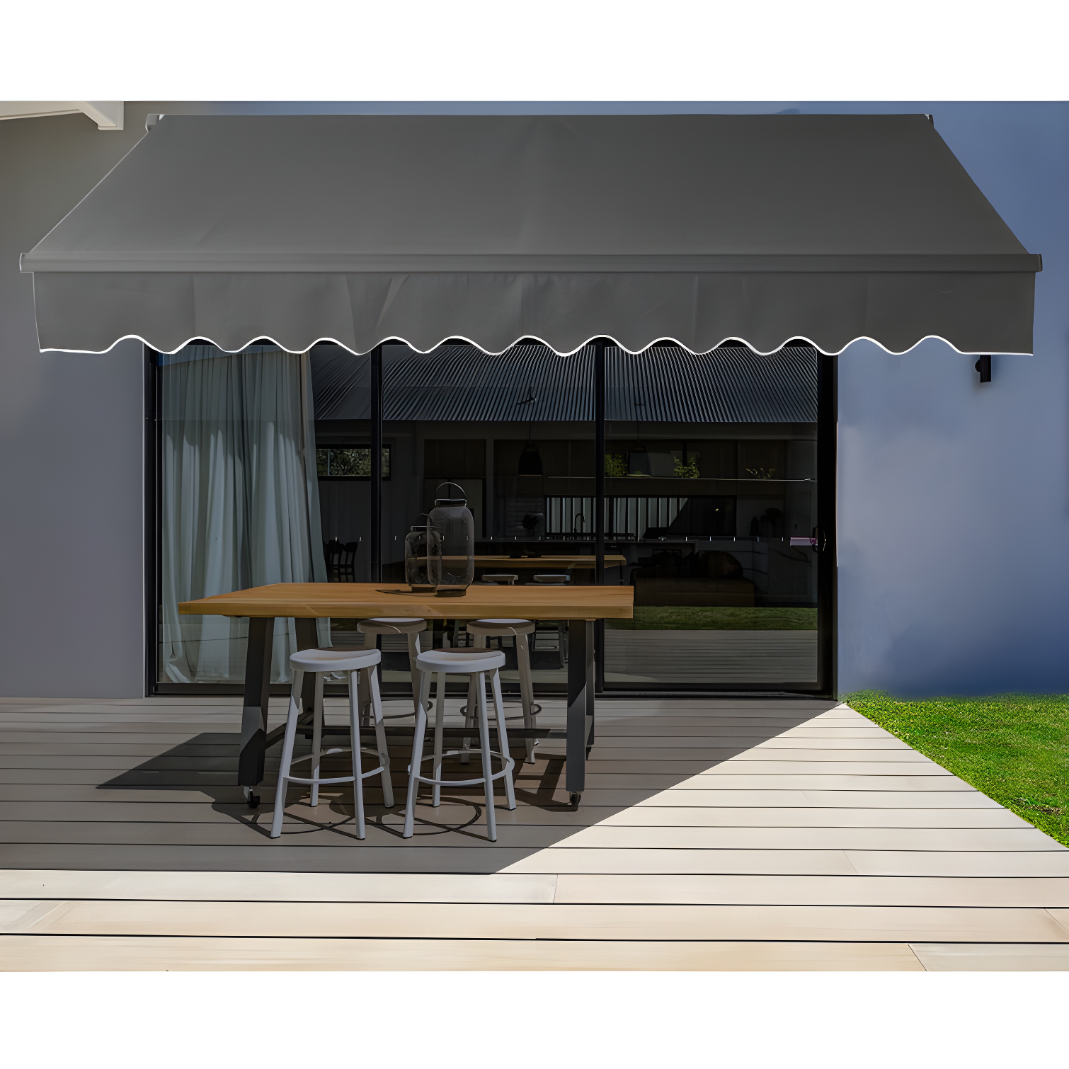 Motorized Black Frame Retractable Patio Awning with Polyester Fabric