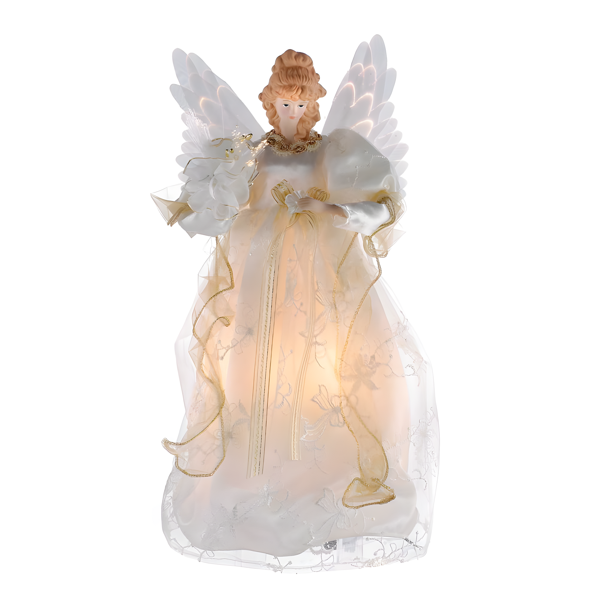 Ivory and Gold LED Angel Tree Topper with Feather Wings