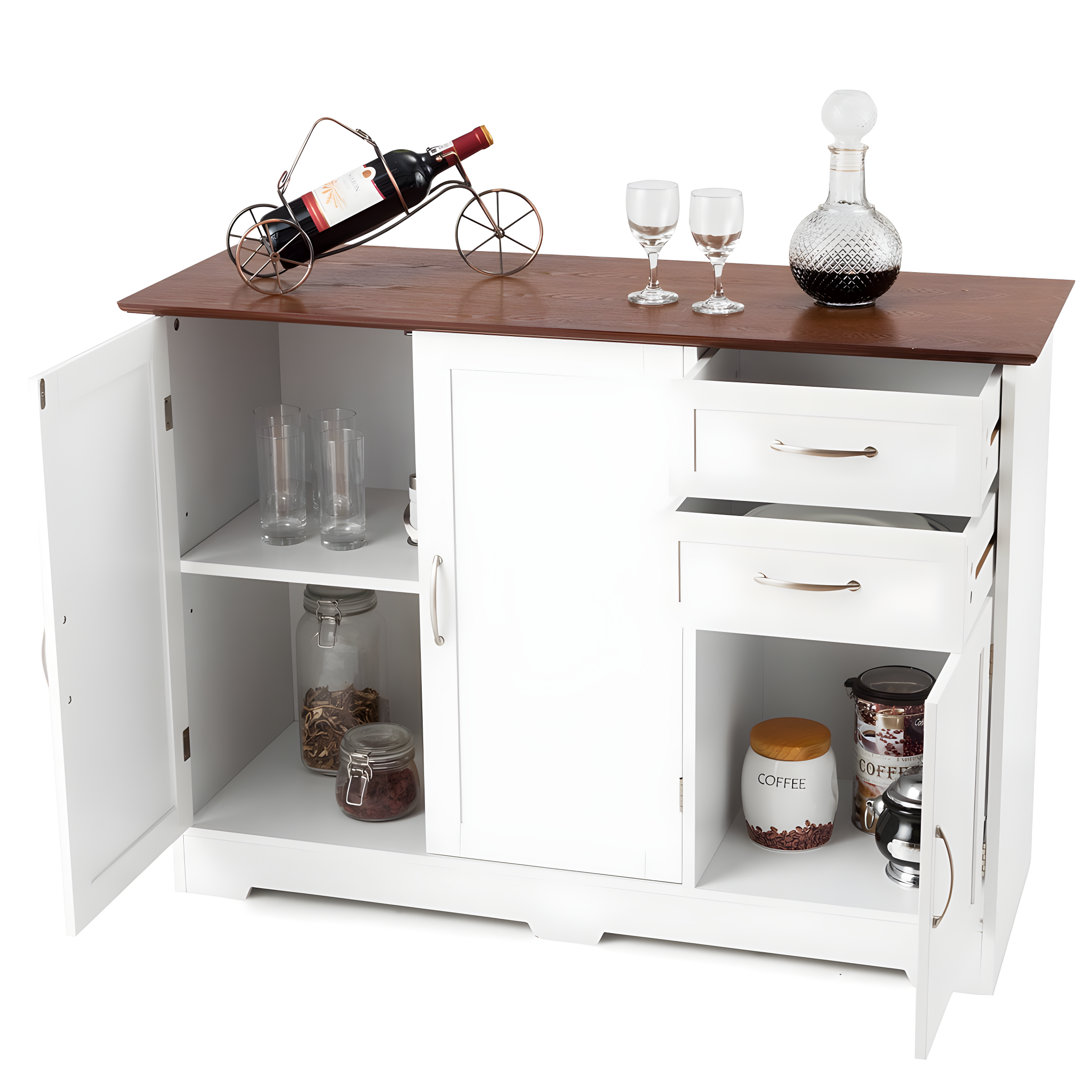 White and Vermilion MDF Kitchen Sideboard with Drawers and Cabinets