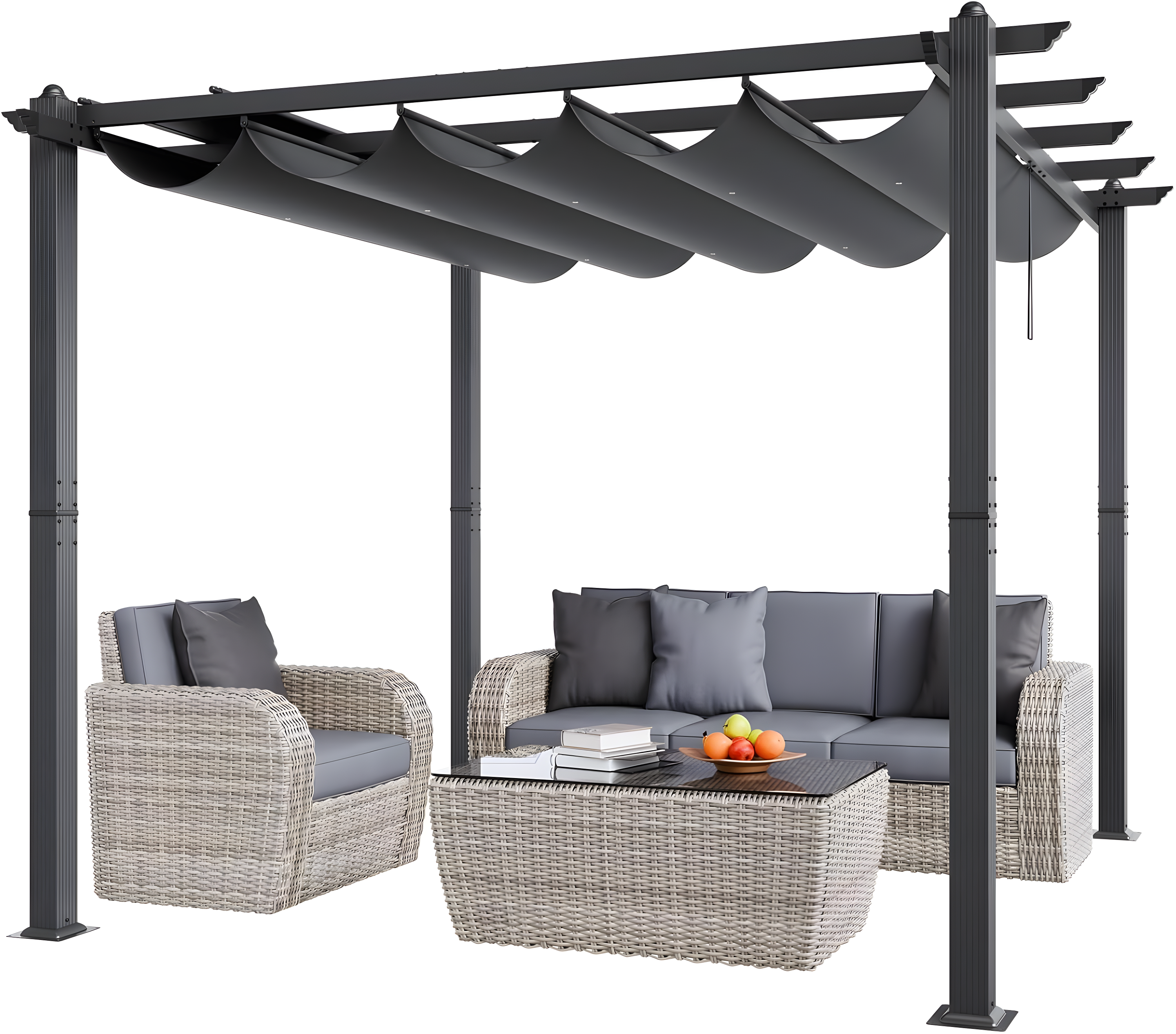 Gray Aluminum Outdoor Pergola with Retractable Canopy