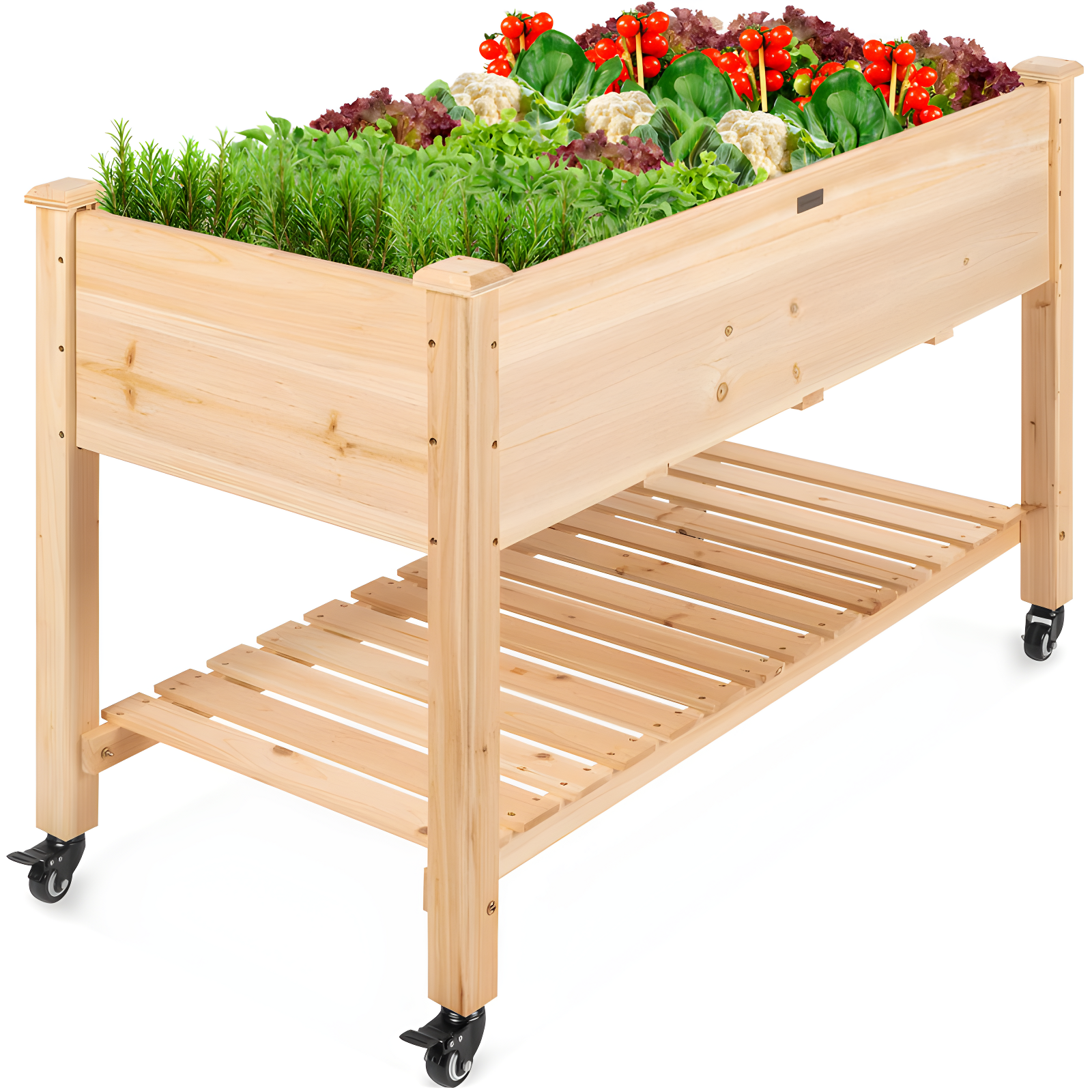 Natural Fir Wood Mobile Raised Garden Bed with Lockable Wheels