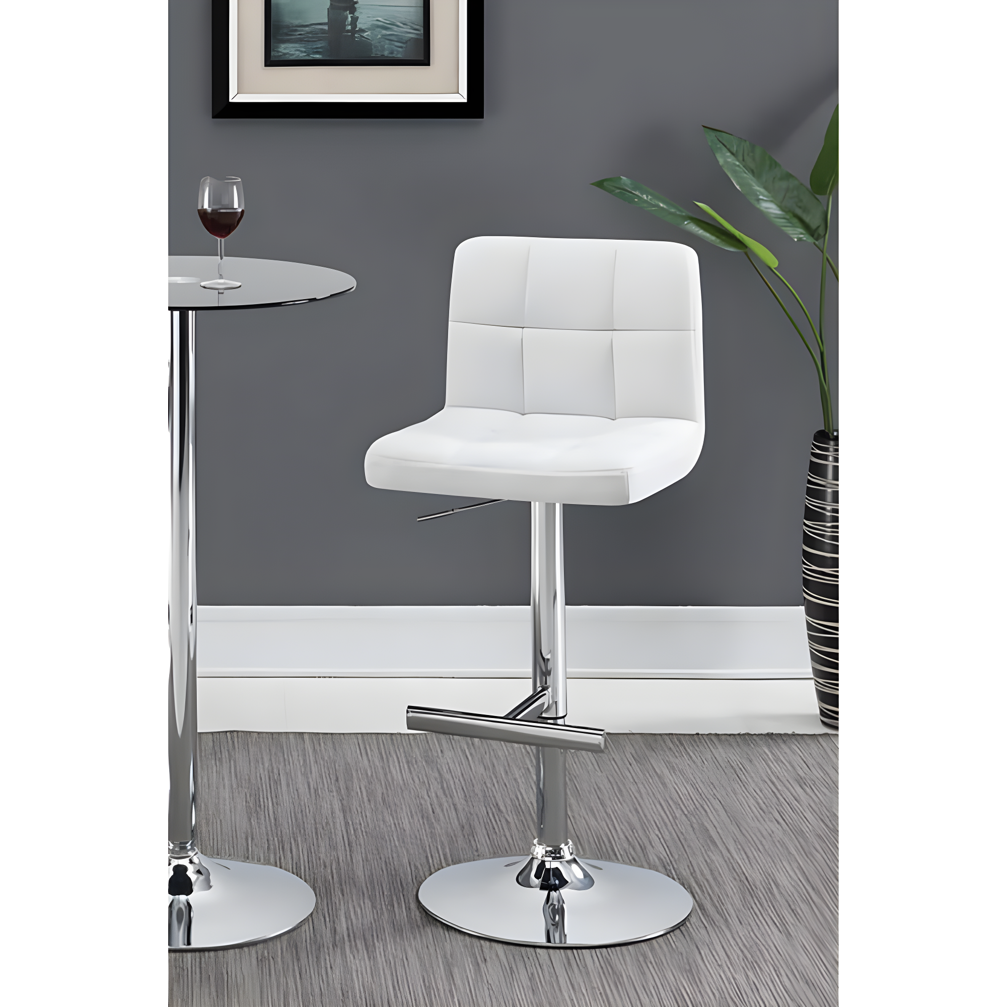 White Adjustable Swivel Bar Stools with Metal and Leather