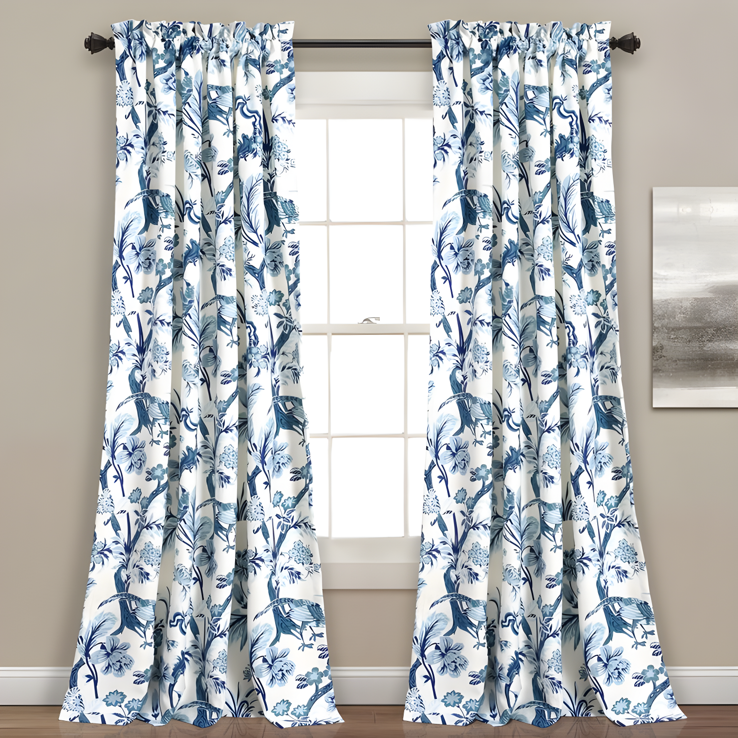 Dolores Blue Floral Polyester Room Darkening Curtain Panels