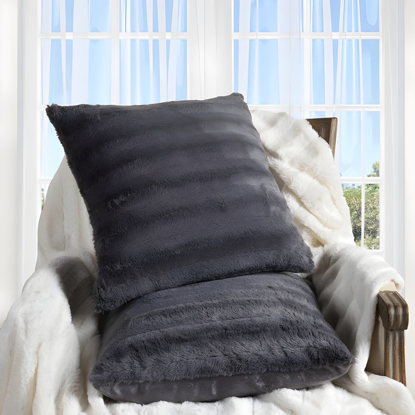 Gray Faux Fur 18-inch Square Throw Pillow Set