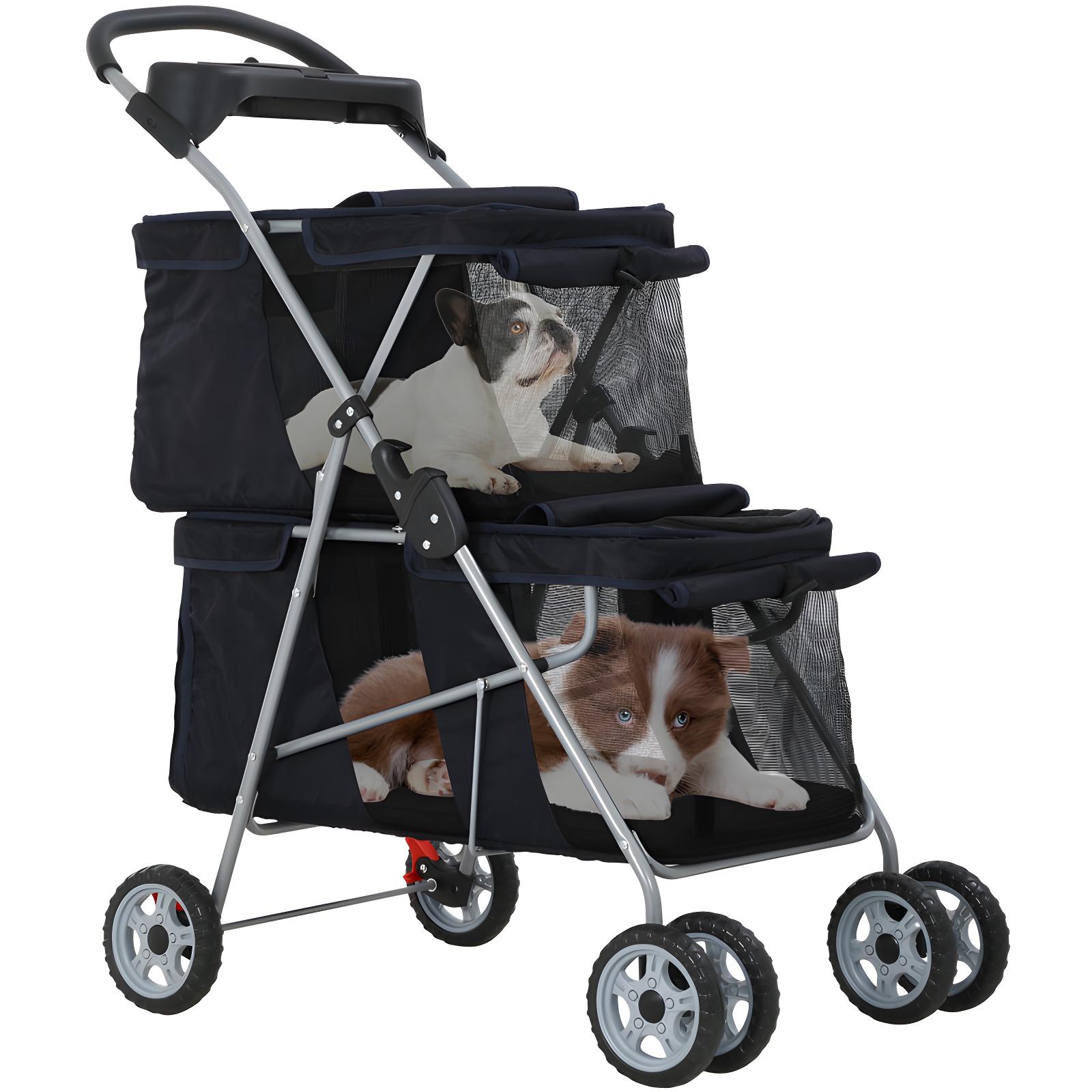 Black Double-Layer Lightweight Pet Stroller with Mesh Panels