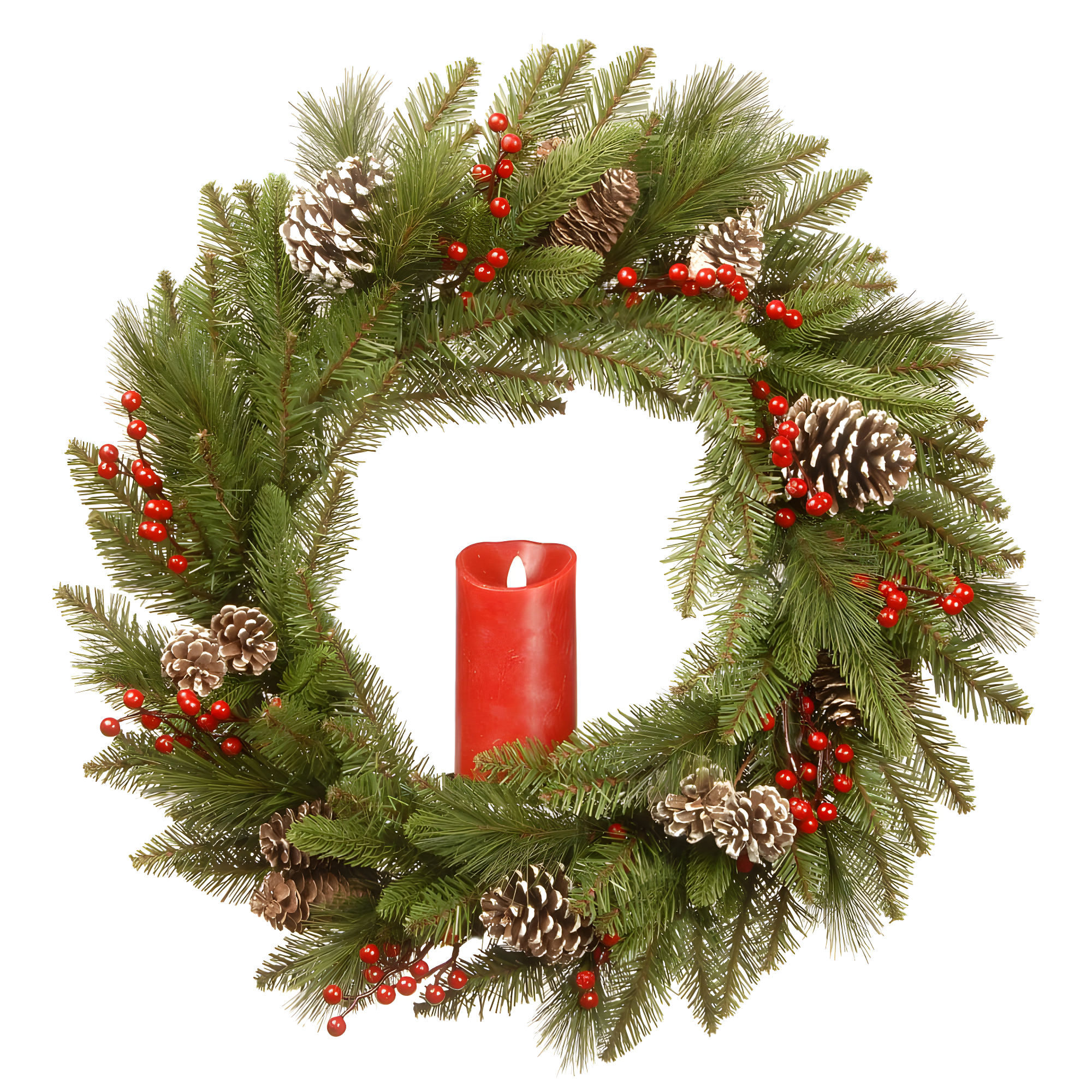 Bristle Berry Pine 24" Artificial Christmas Wreath with Flickering Candle