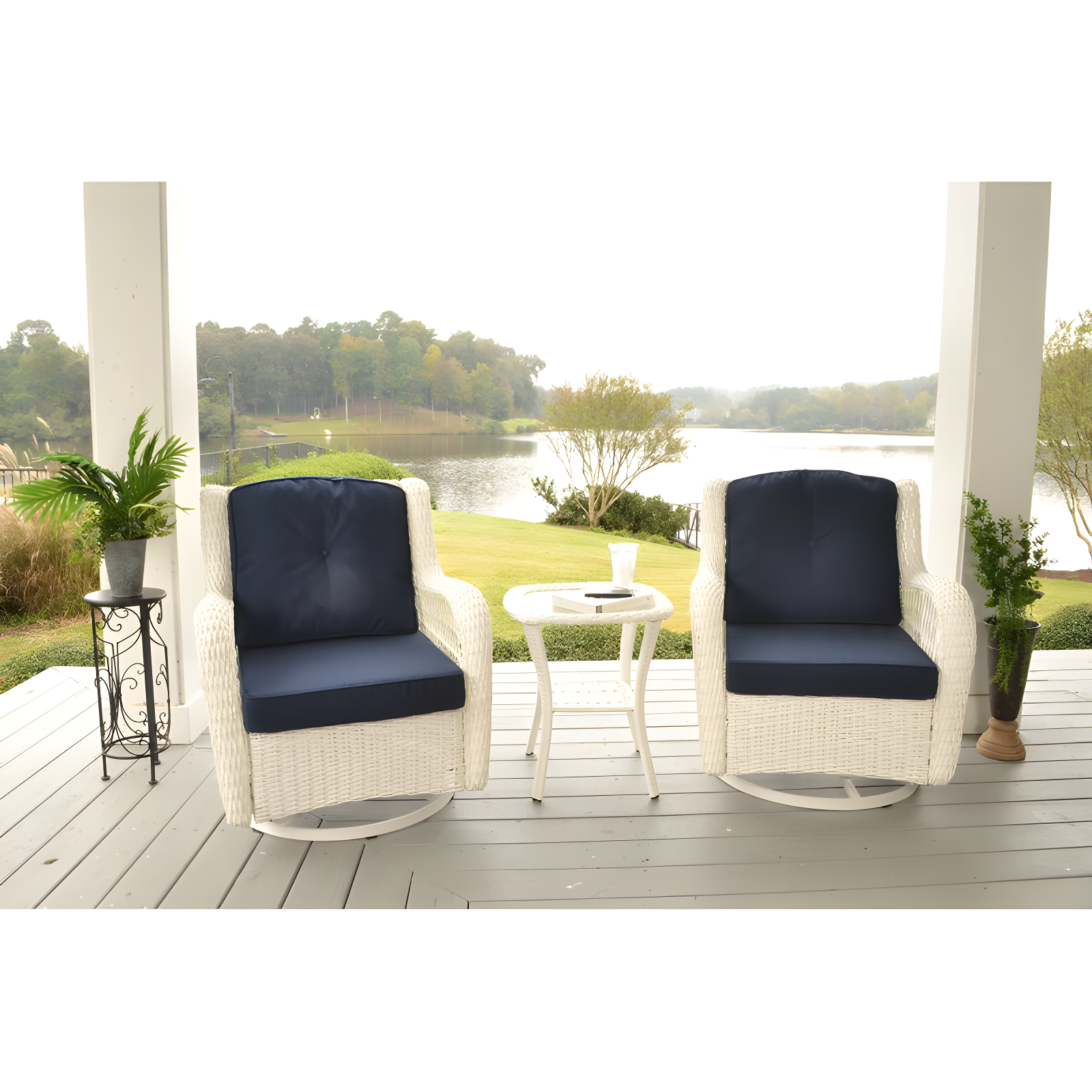 Rio Vista White Wicker Patio Chair Set with Navy Cushions