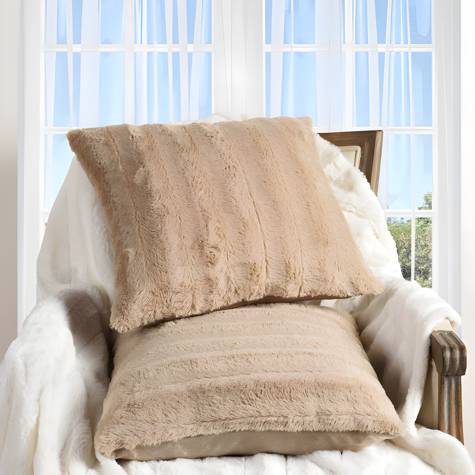 Set of 2 Beige Faux Fur Accent Pillows, 16" x 16"