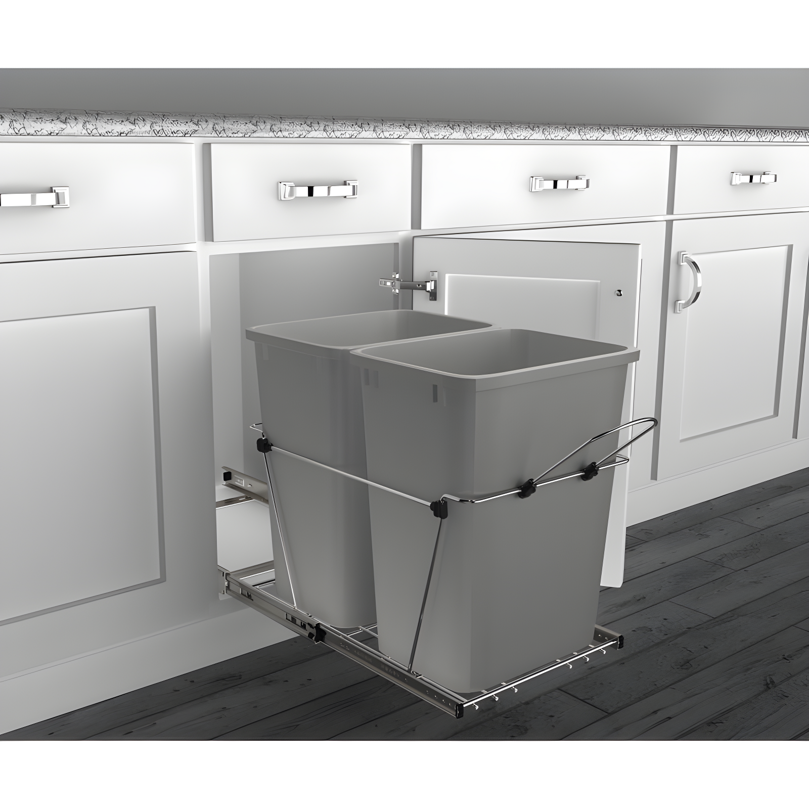 Metallic Silver Double Pull-Out Trash Can for Kitchen Cabinets