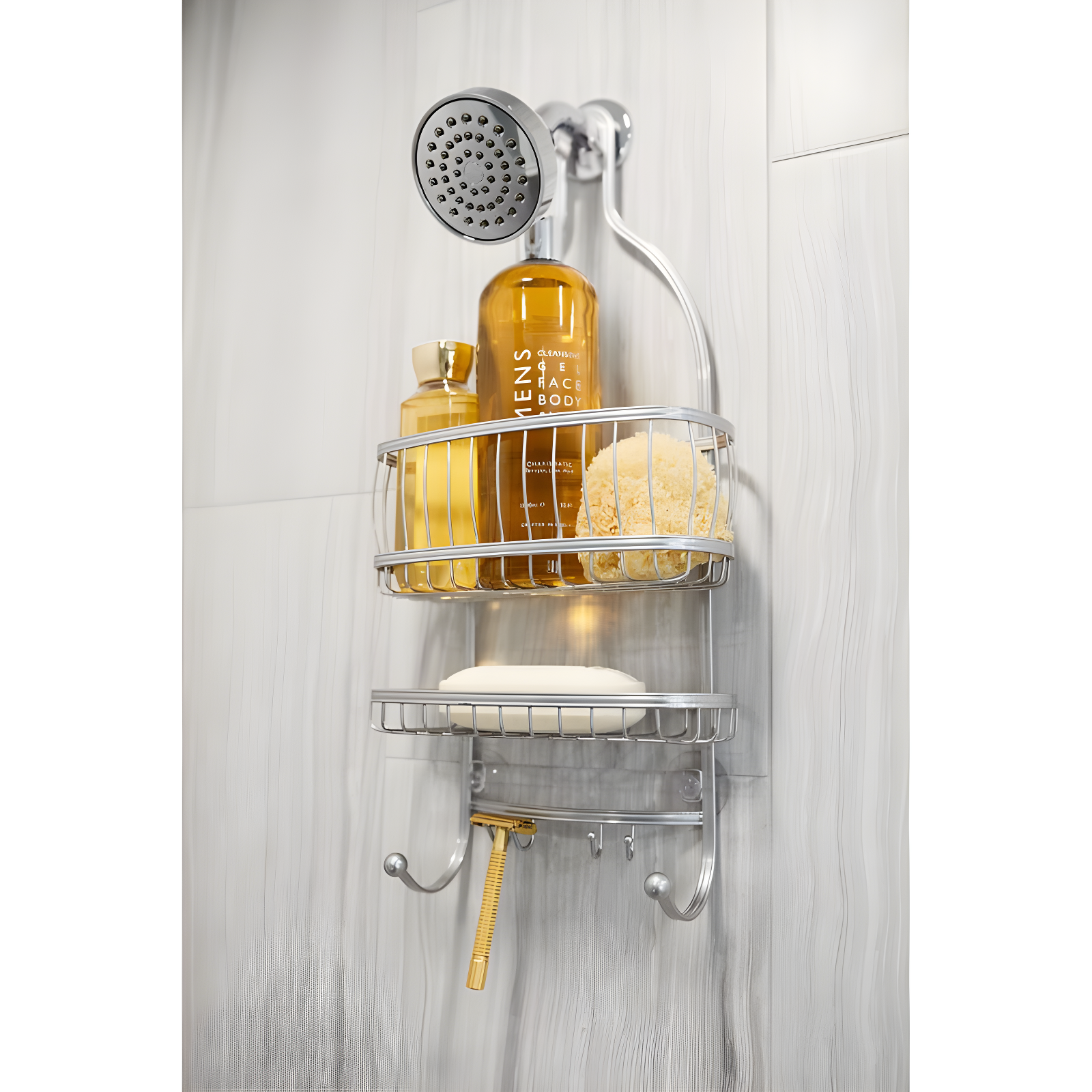 Silver Metal Hanging Shower Caddy with Suction Mount