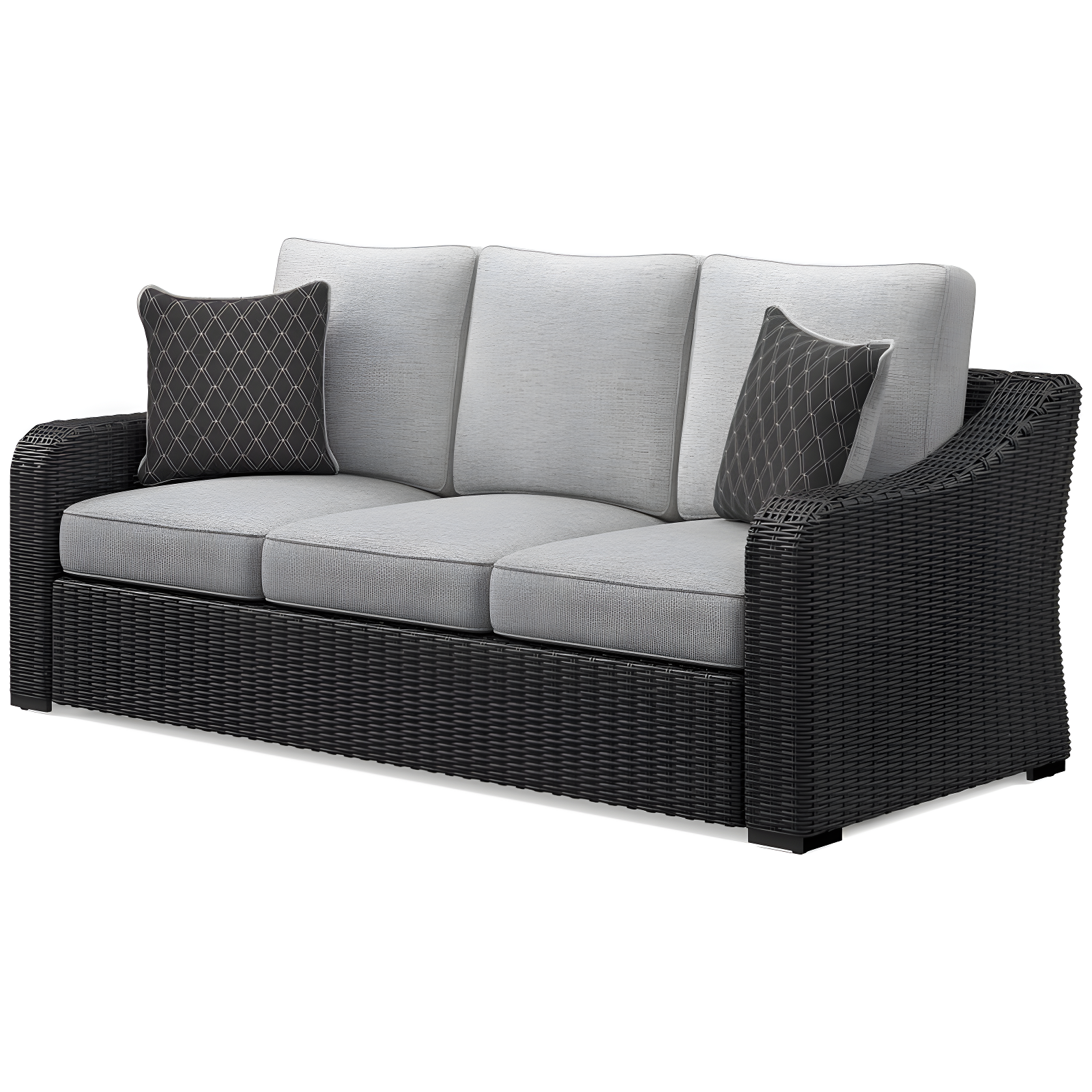 Beachcroft Gray Wicker Three-Seat Outdoor Sofa with Cushions