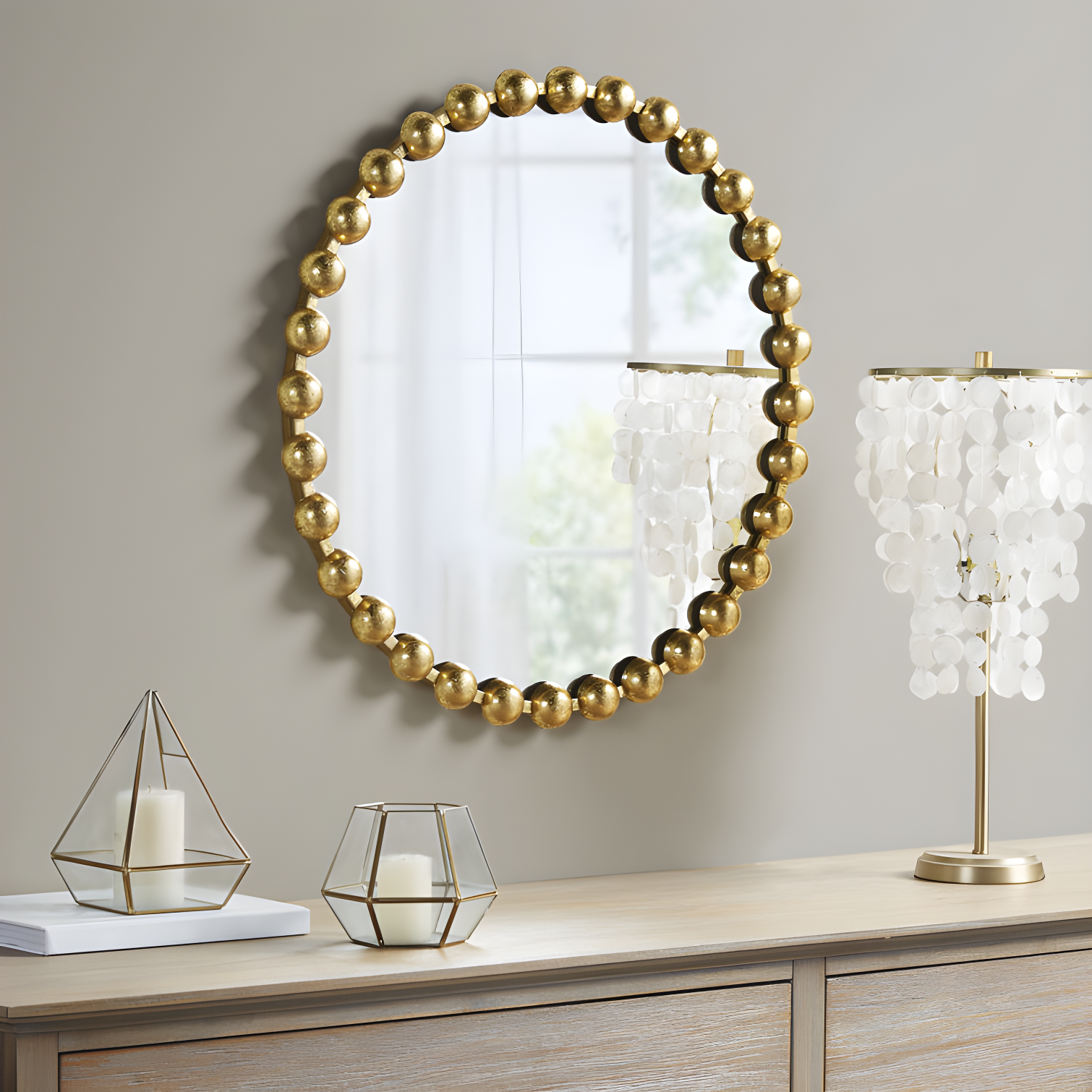 36" Round Gold Beaded Metal Wall Mirror