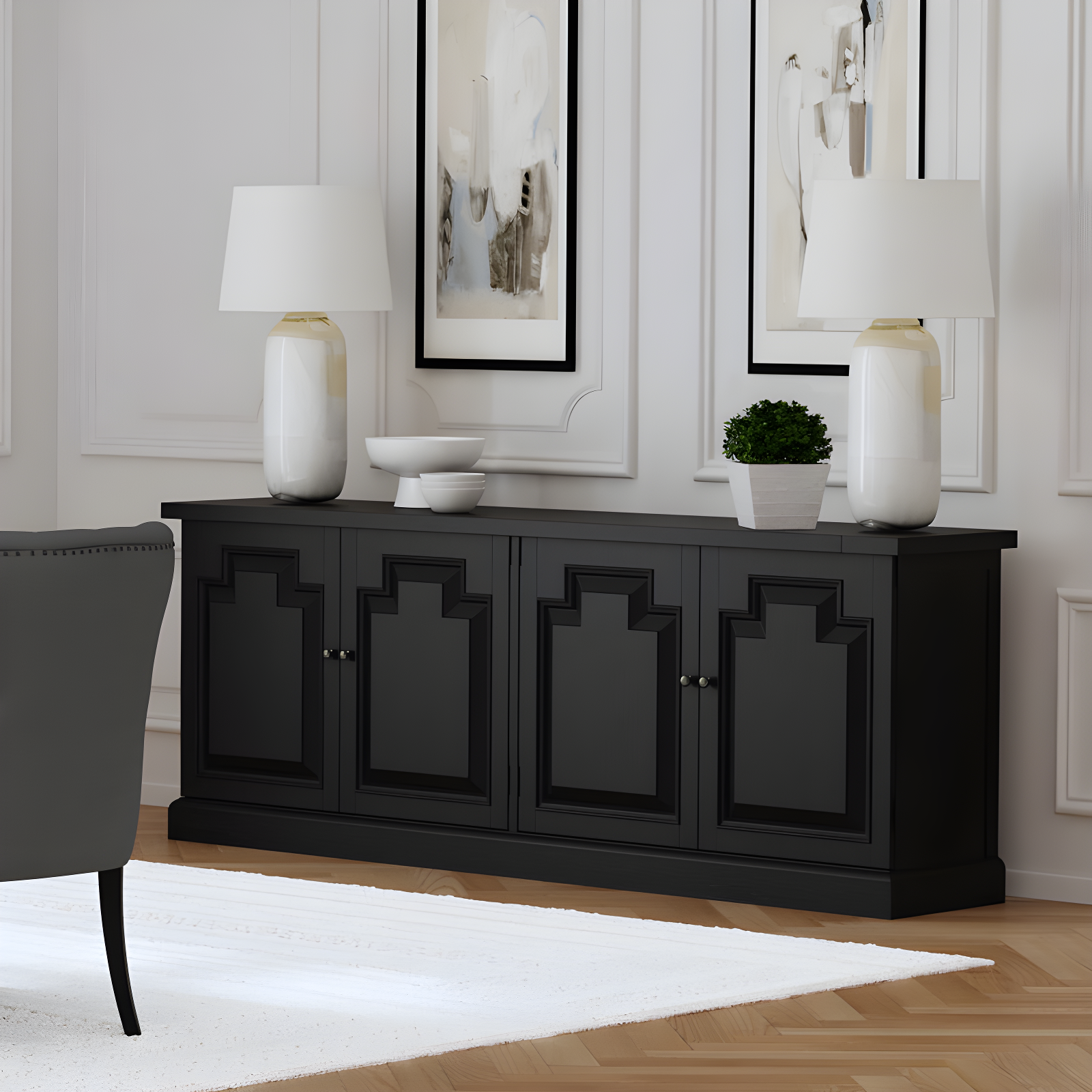 Florence 90'' Distressed Black 4-Door Dining Sideboard Buffet