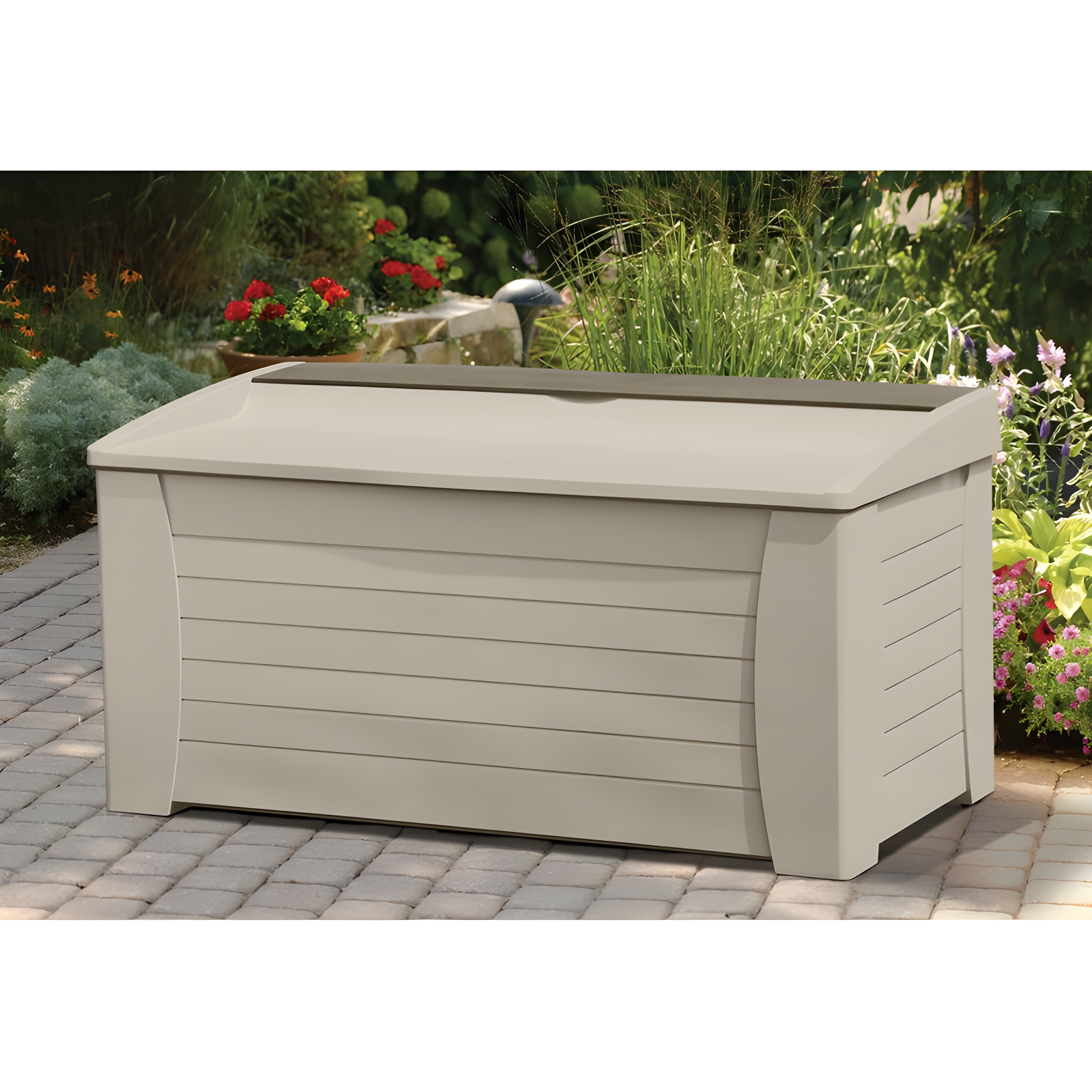 Taupe Lockable Plastic Deck Box with Wheels, 127 Gallon