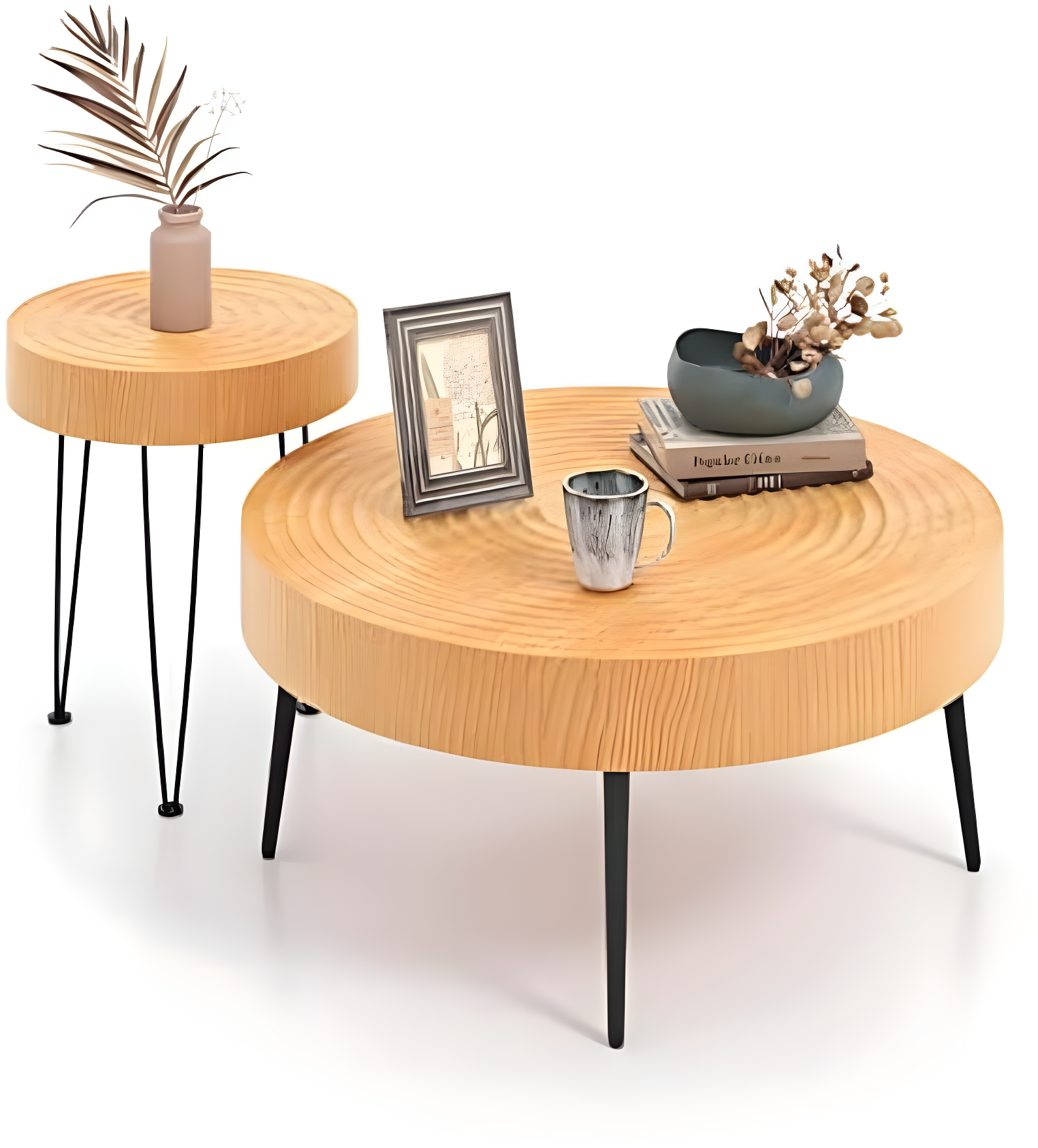 Round Natural Wood and Metal Nesting Coffee Table Set