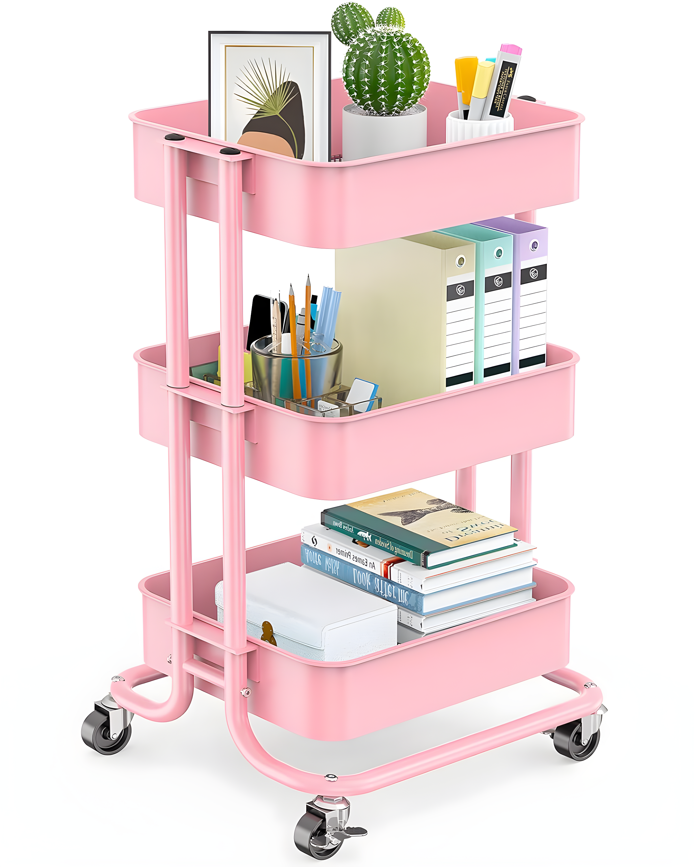 Pink 3-Tier Metal Rolling Utility Storage Cart with Lockable Wheels