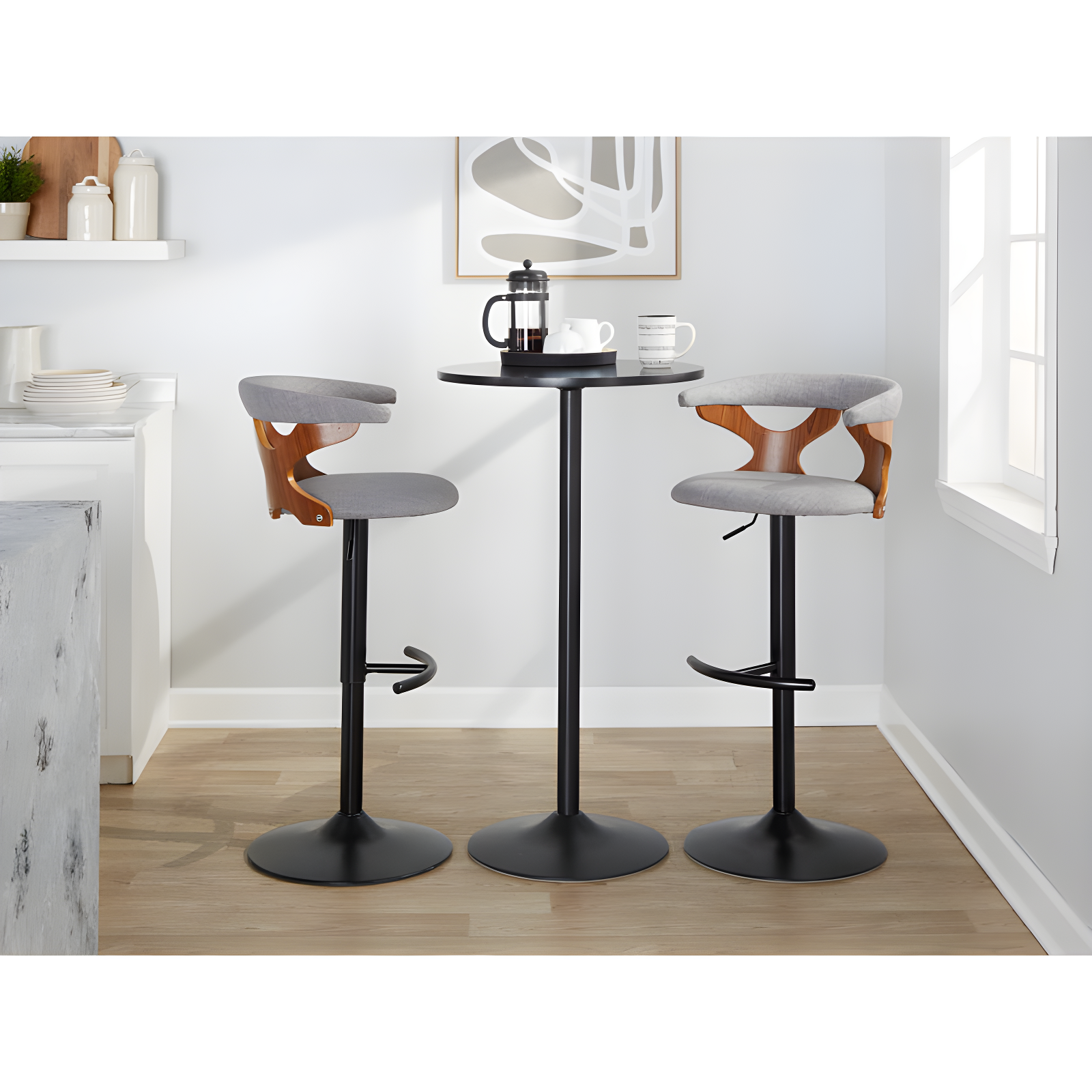 Gray Adjustable Swivel Barstool with Wood and Metal Frame