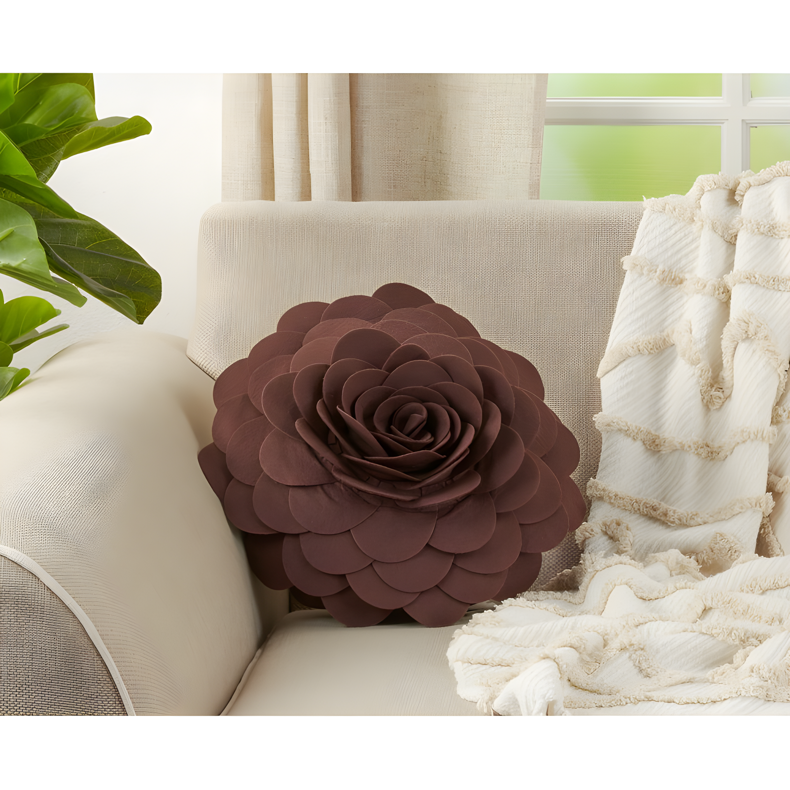 Chocolate Rose Flower Design 16" Square Poly Filled Throw Pillow