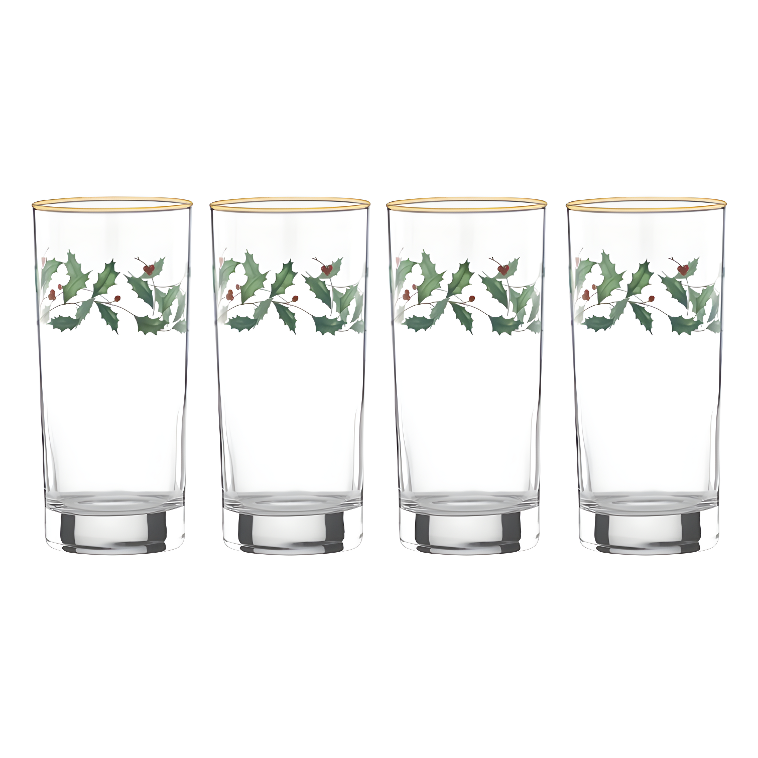 Holiday Holly and Berry 12 oz. Highball Glass Set with Gold Trim