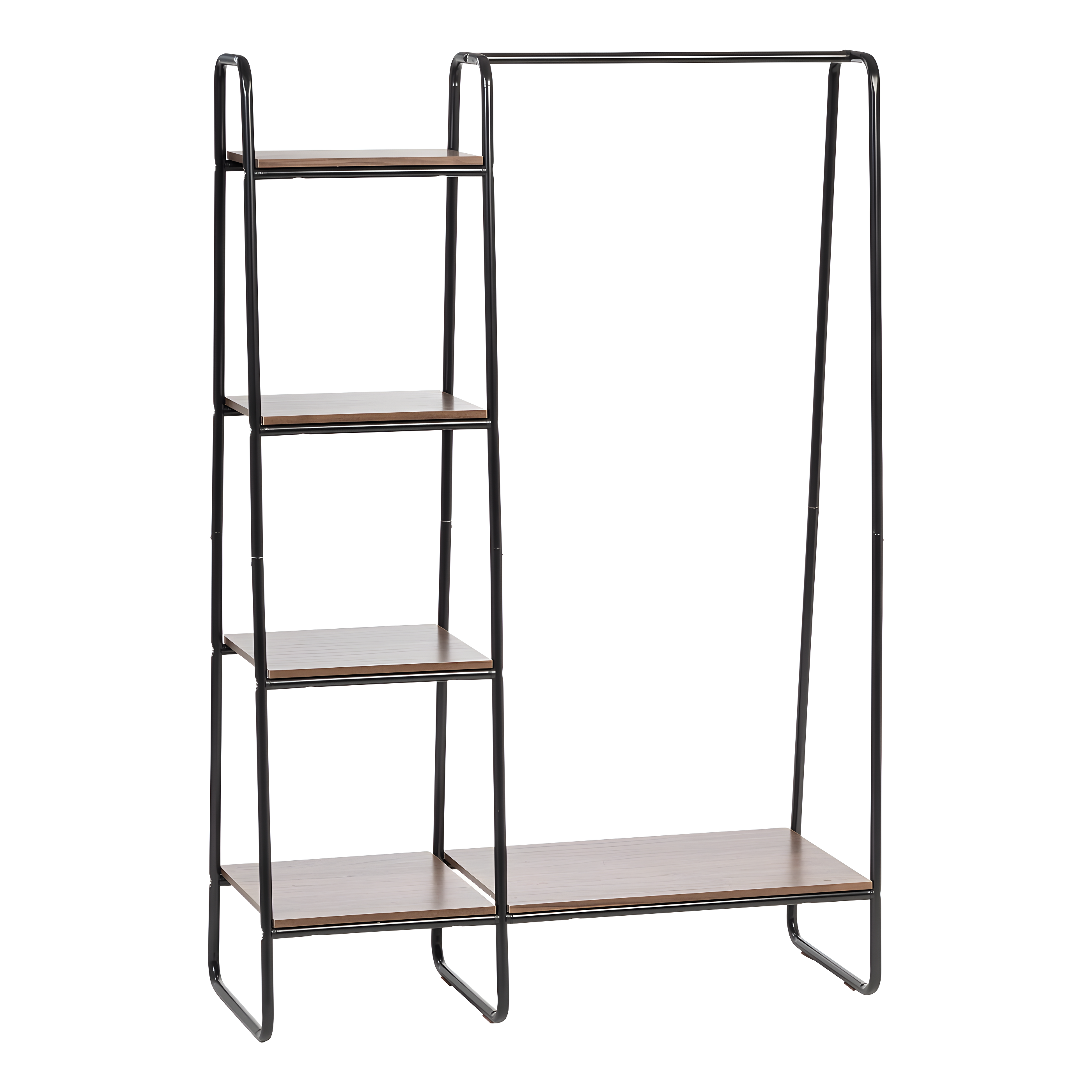 Black Metal Garment Rack with Dark Brown Wood Shelves