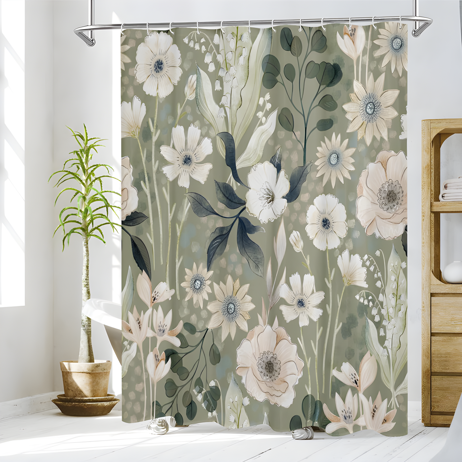 Green Floral Botanical Fabric Shower Curtain, 72x72