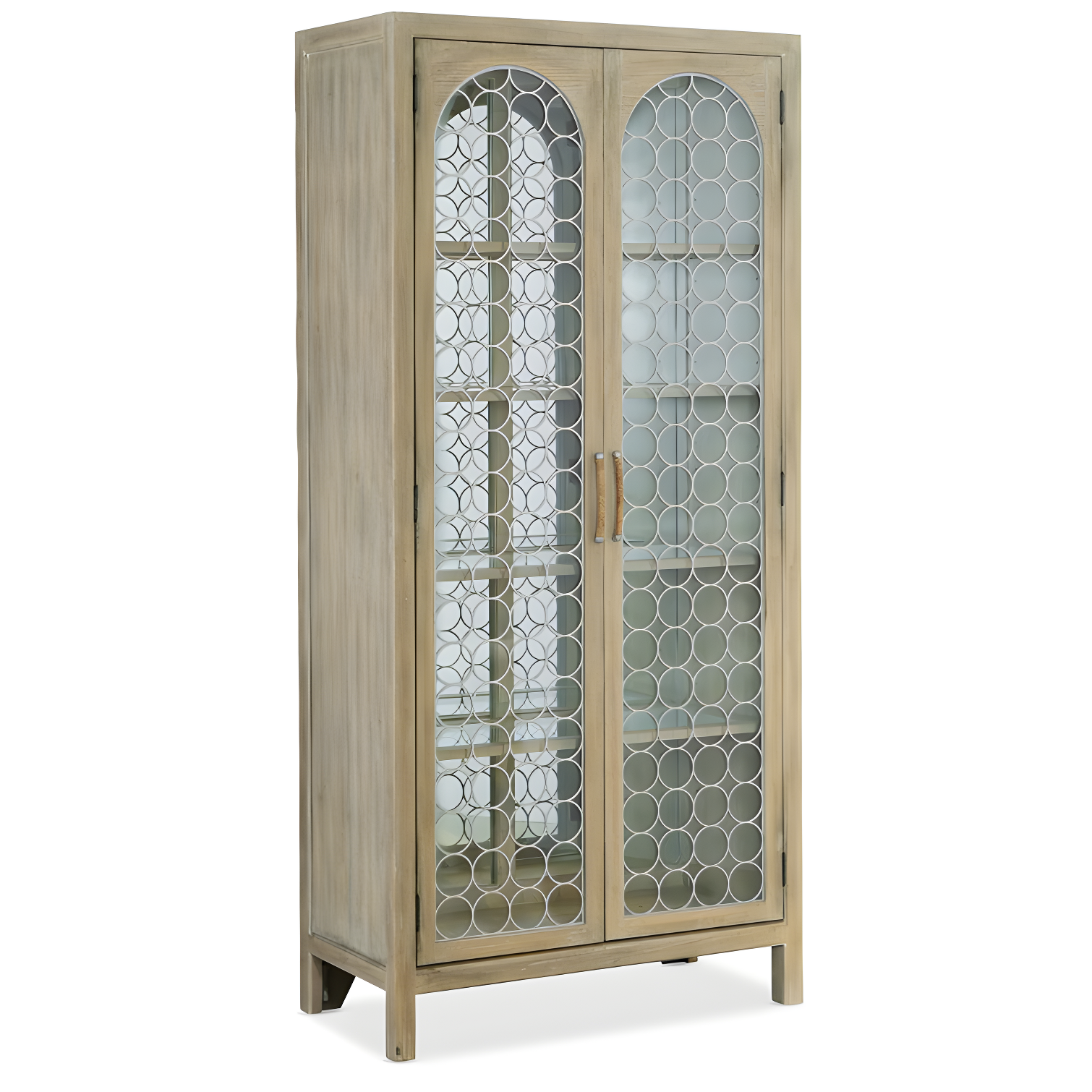 Driftwood Transitional Lighted China Cabinet with Circular Metal Fretwork