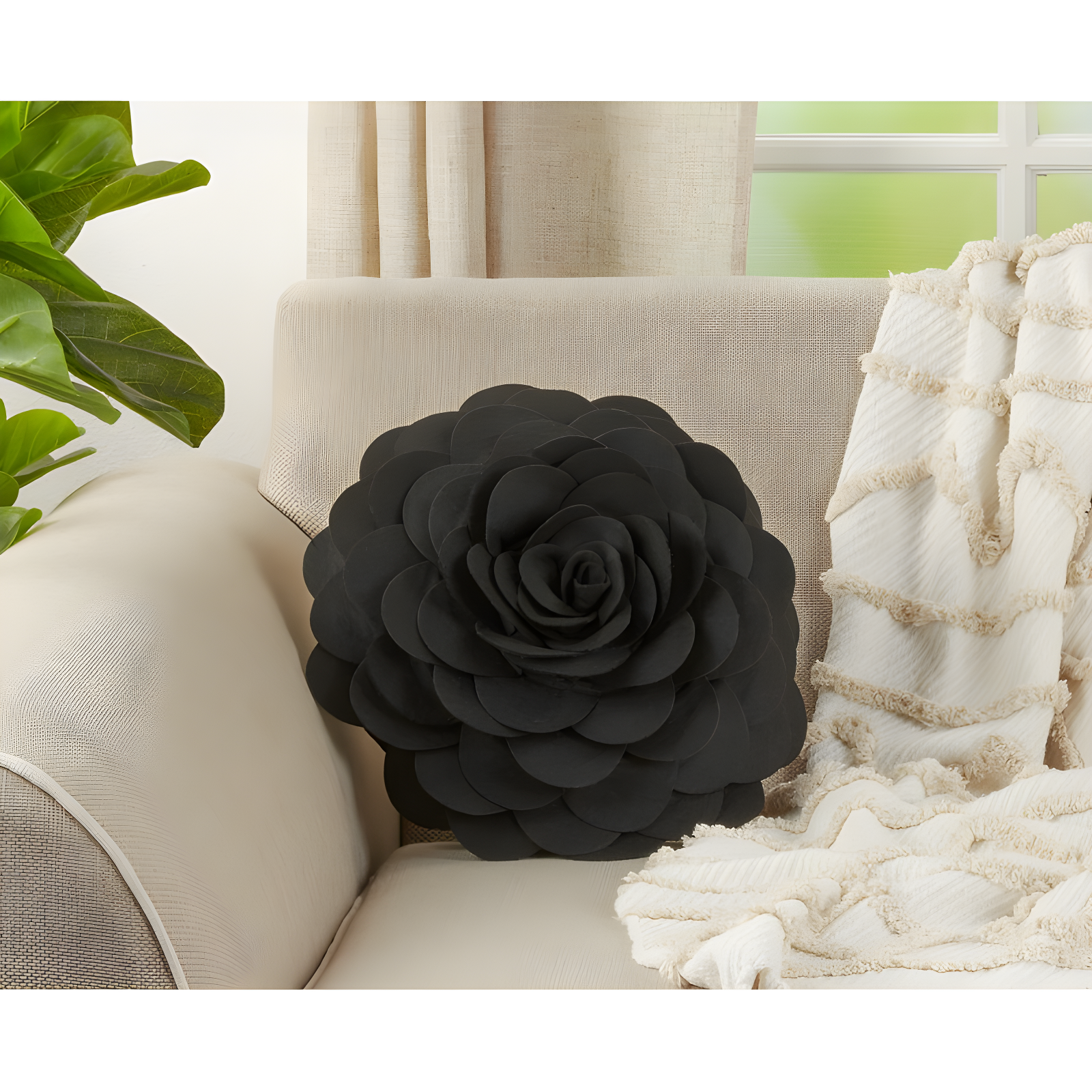 Black Flower Design 16" Square Polyester Throw Pillow