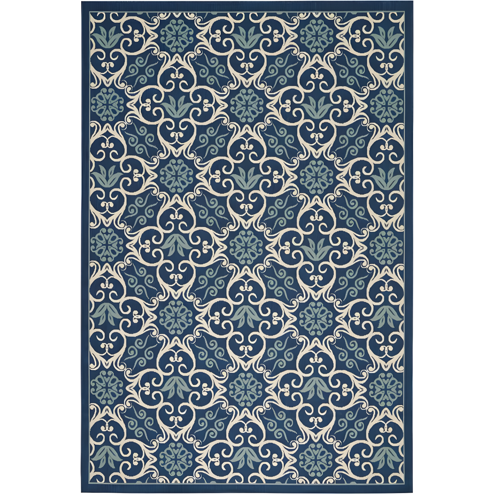 Navy Blue and Beige Floral Synthetic Easy-Care Outdoor Rug 6'7" x 9'6"