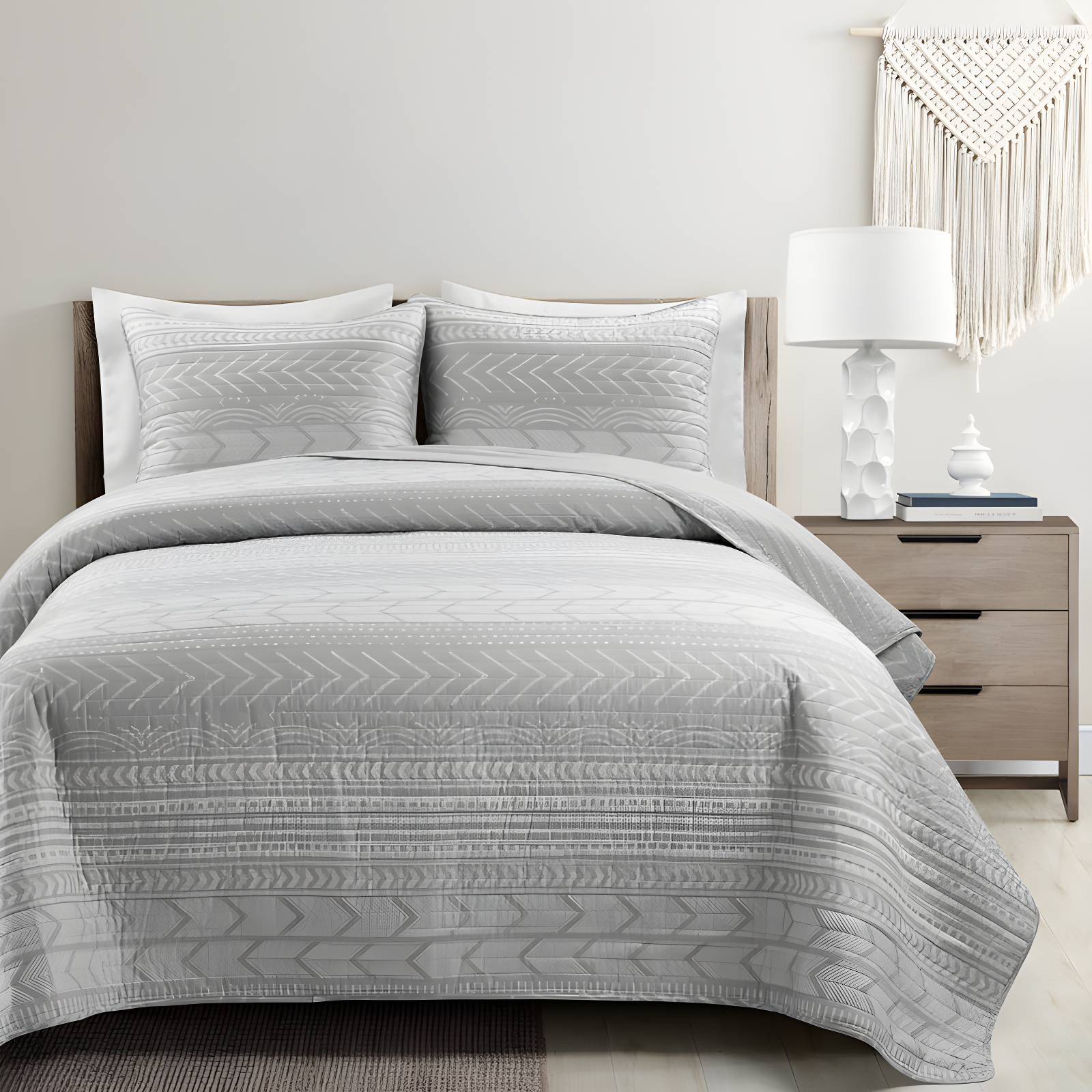 Light Gray Cotton Reversible Full Quilt Set