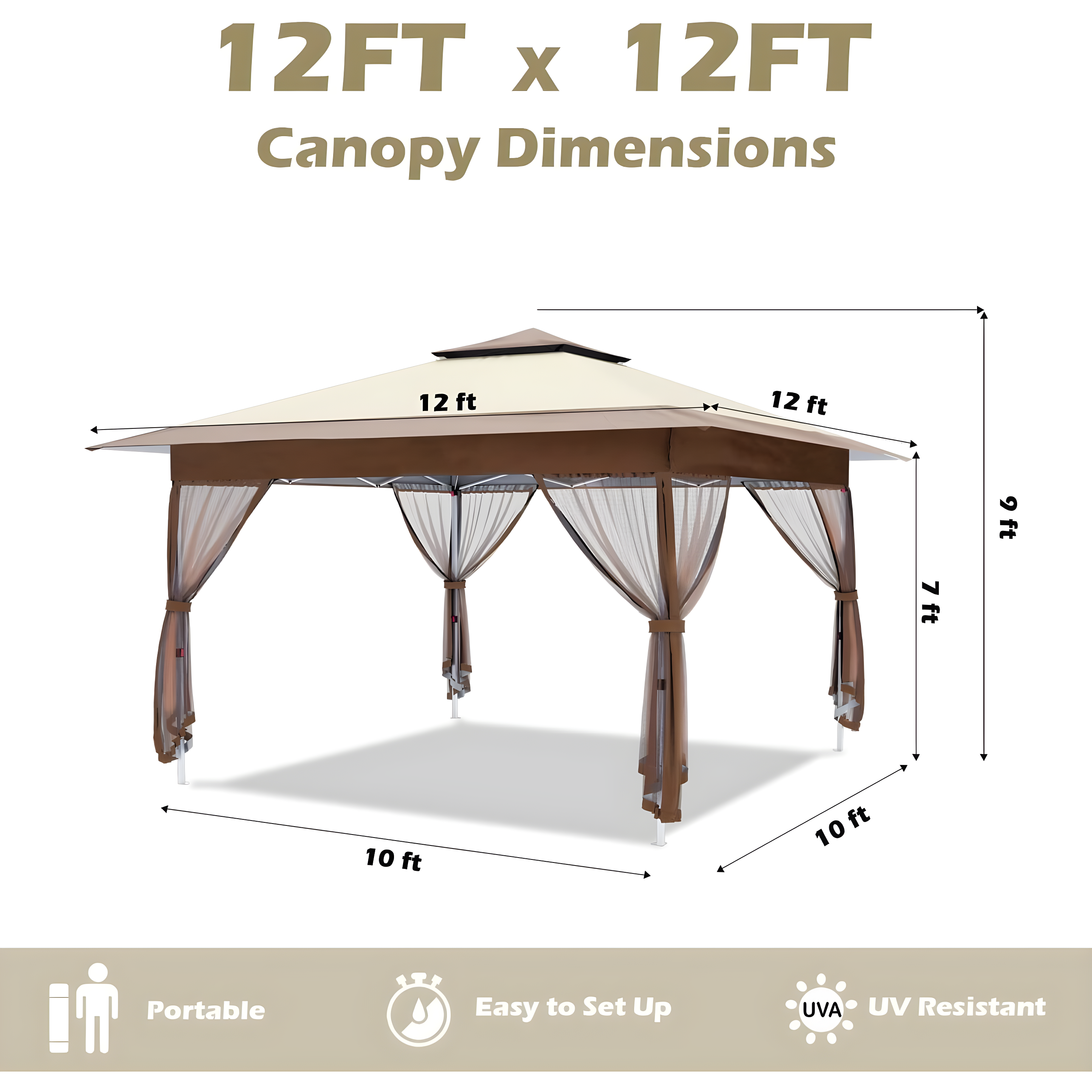 12'x12' Khaki Outdoor Pop Up Gazebo with Mesh Curtains