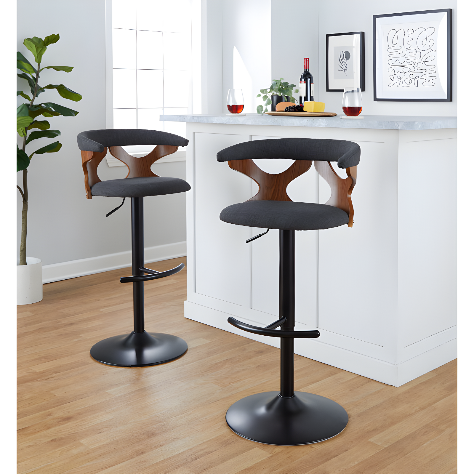 Charcoal Adjustable Swivel Bar Stool with Walnut Backrest