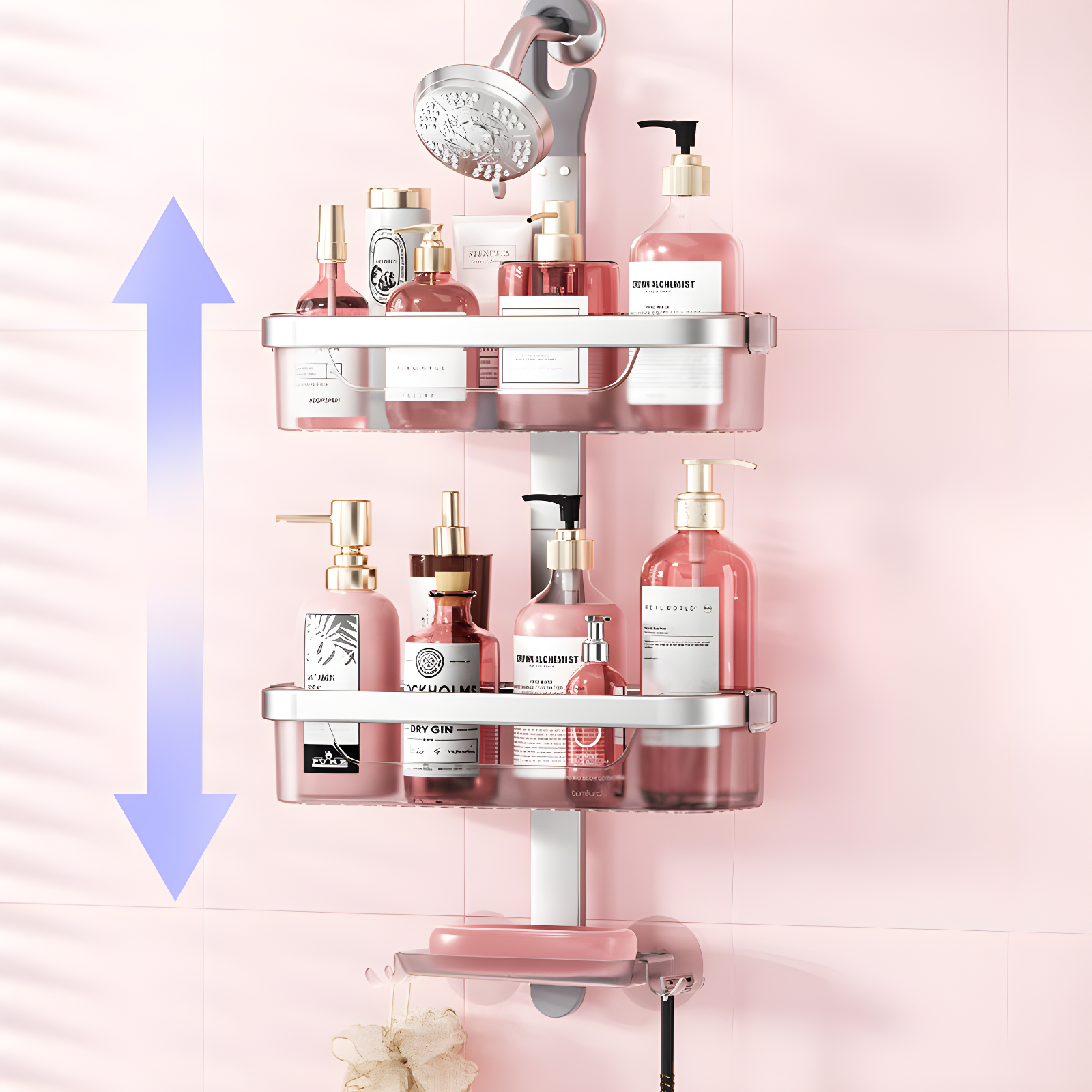 Adjustable Silver 3-Tier Aluminum Shower Caddy with Hooks and Soap Dish