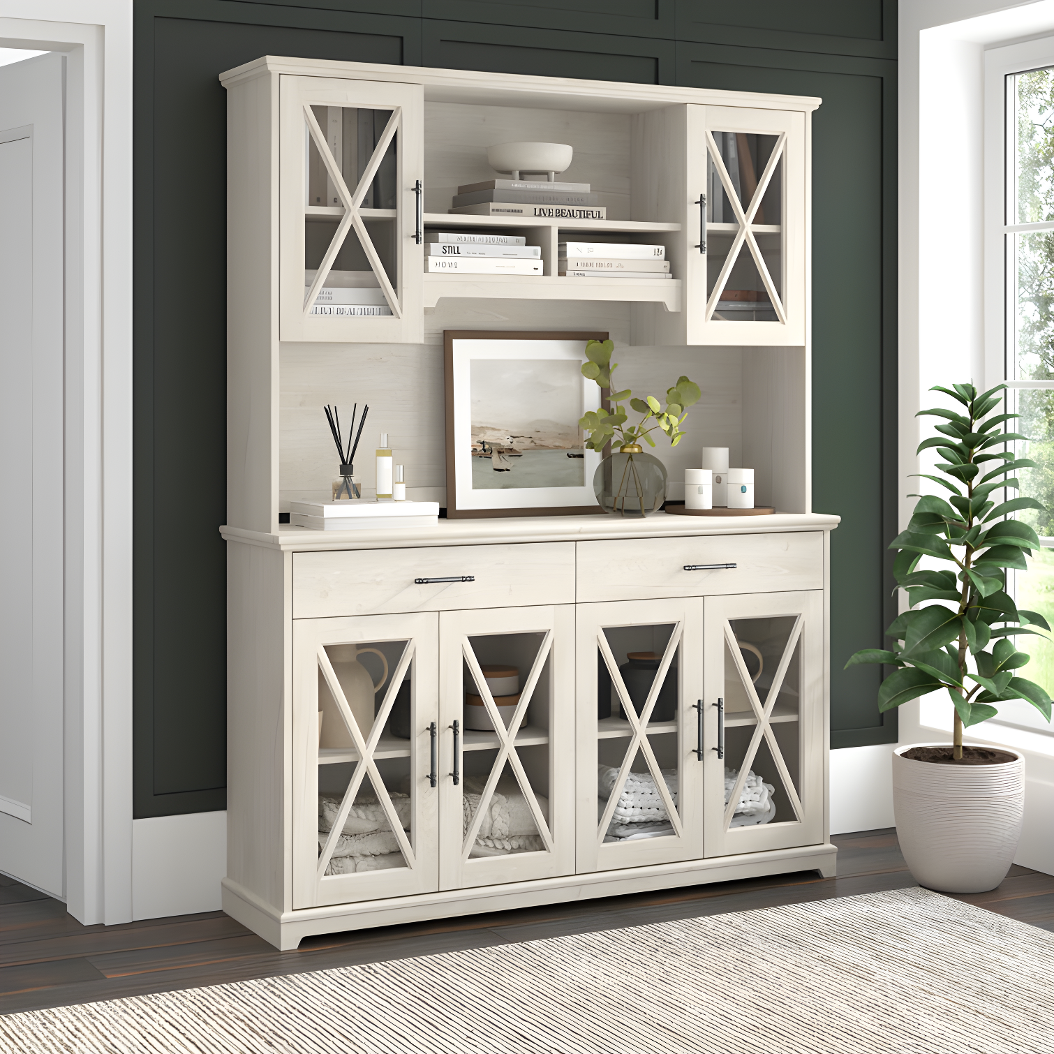 Linen White Oak Farmhouse China Cabinet with Hutch