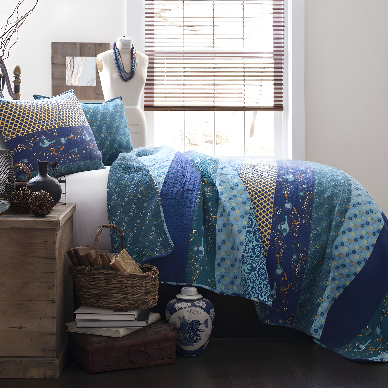 Peacock Blue Cotton Reversible Full Quilt Set