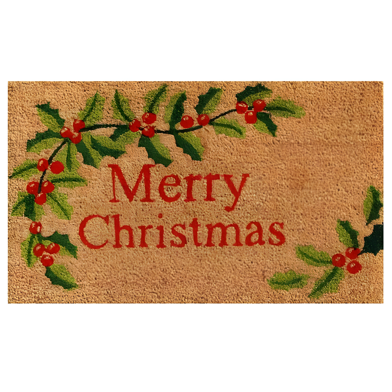 Merry Christmas Coir Doormat with Holly Design