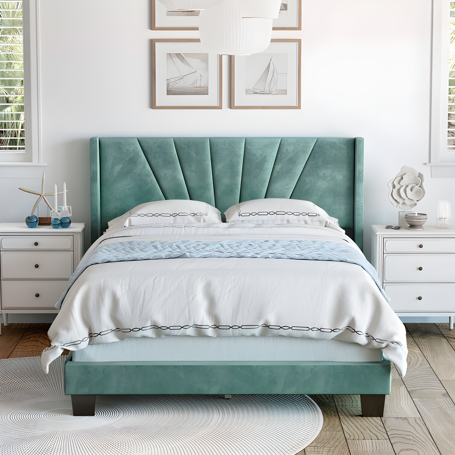 Valencia Aqua Velvet King Upholstered Platform Bed Frame