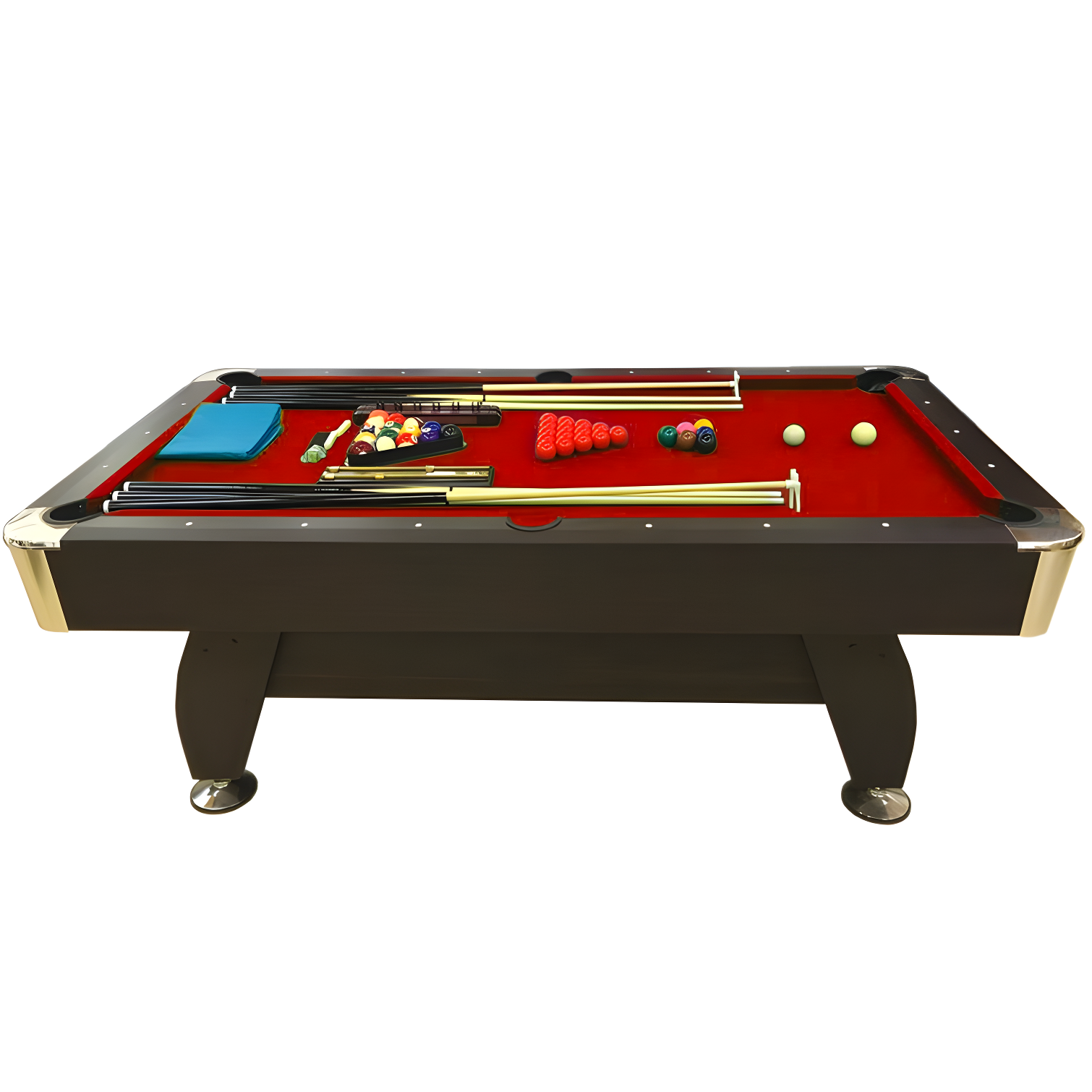 8' Dark Brown Pool Table with Red Felt and Accessories