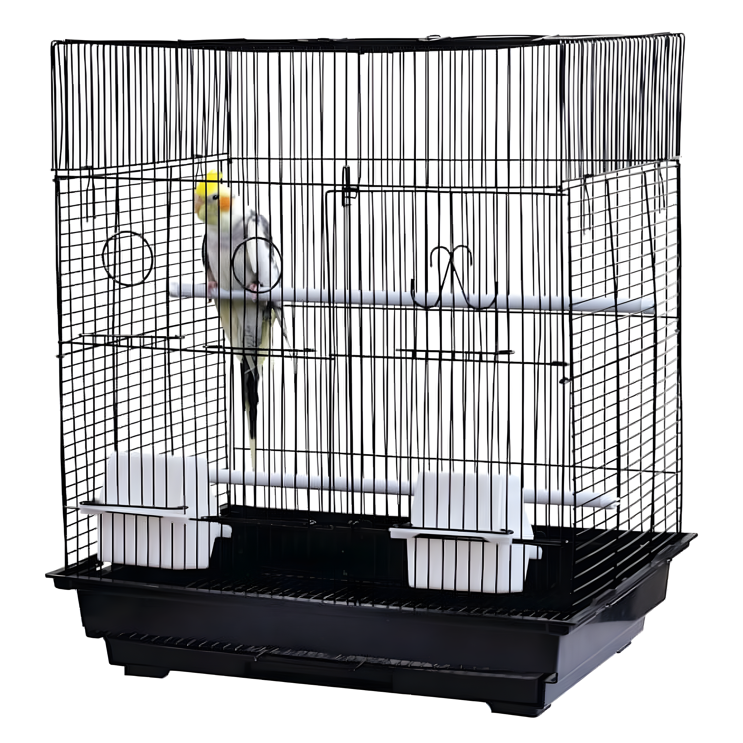 Black Powder Coated Flat Top Bird Cage with Perches and Feeders