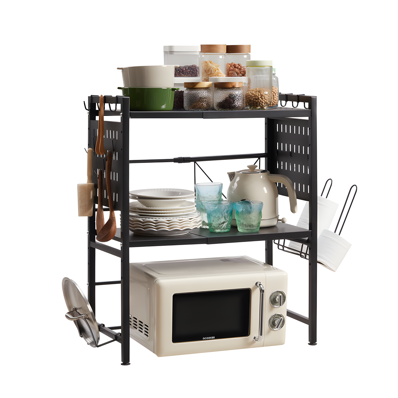 Black 3-Tier Steel Microwave Oven Rack with Hooks and Holders