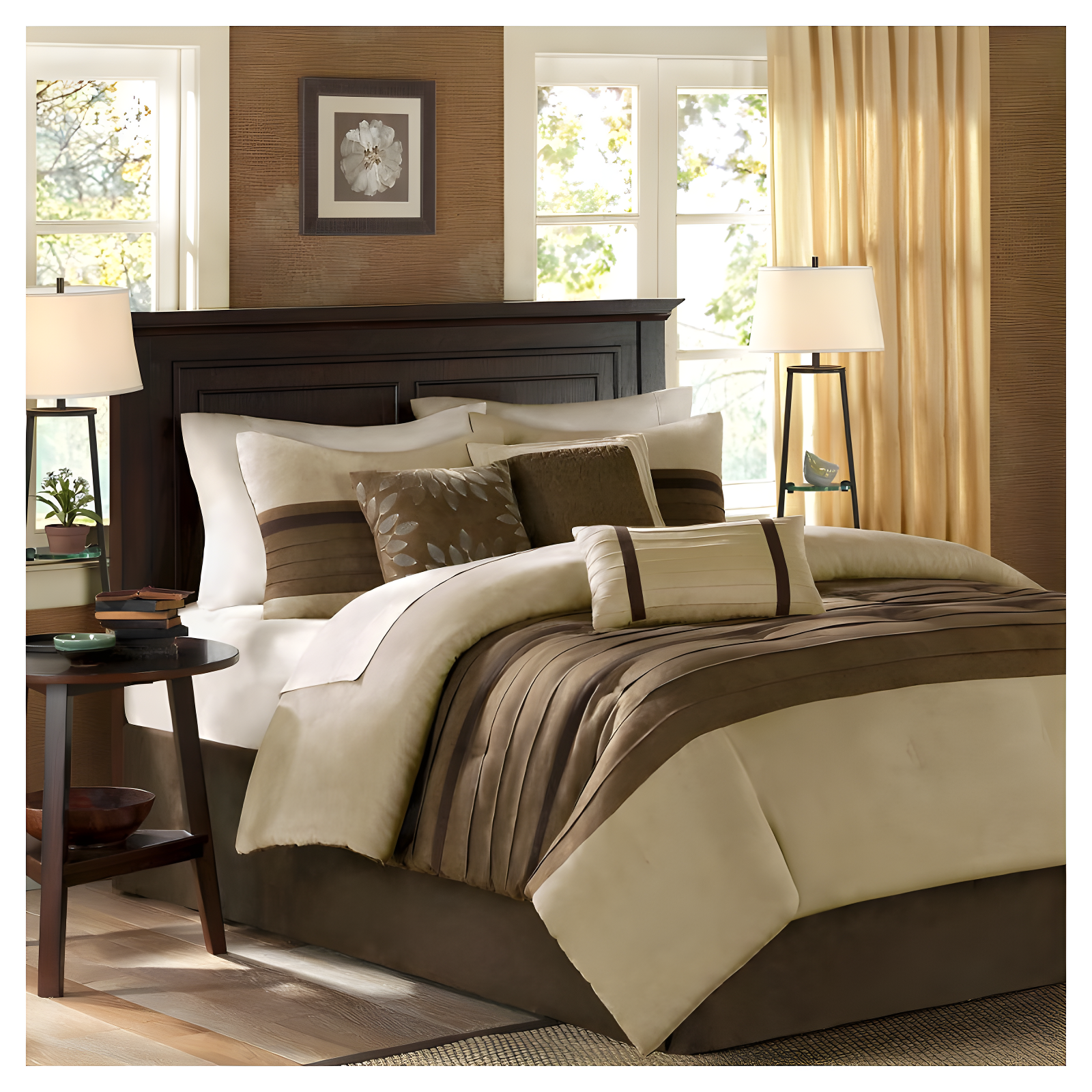 Natural Brown Microsuede Queen Comforter Set with Decorative Pillows