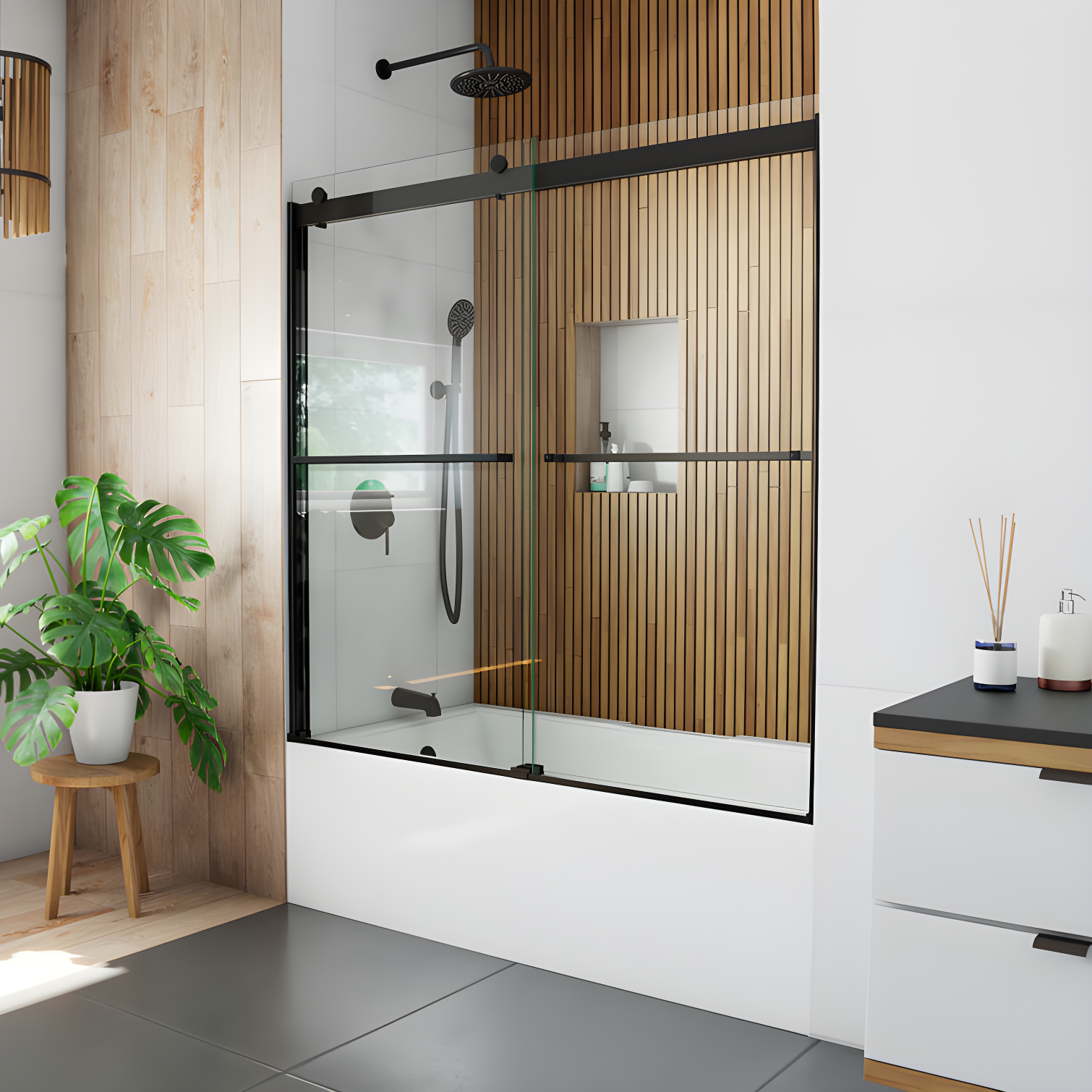 Sapphire 60" Satin Black Semi-Frameless Tub Door with Clear Glass