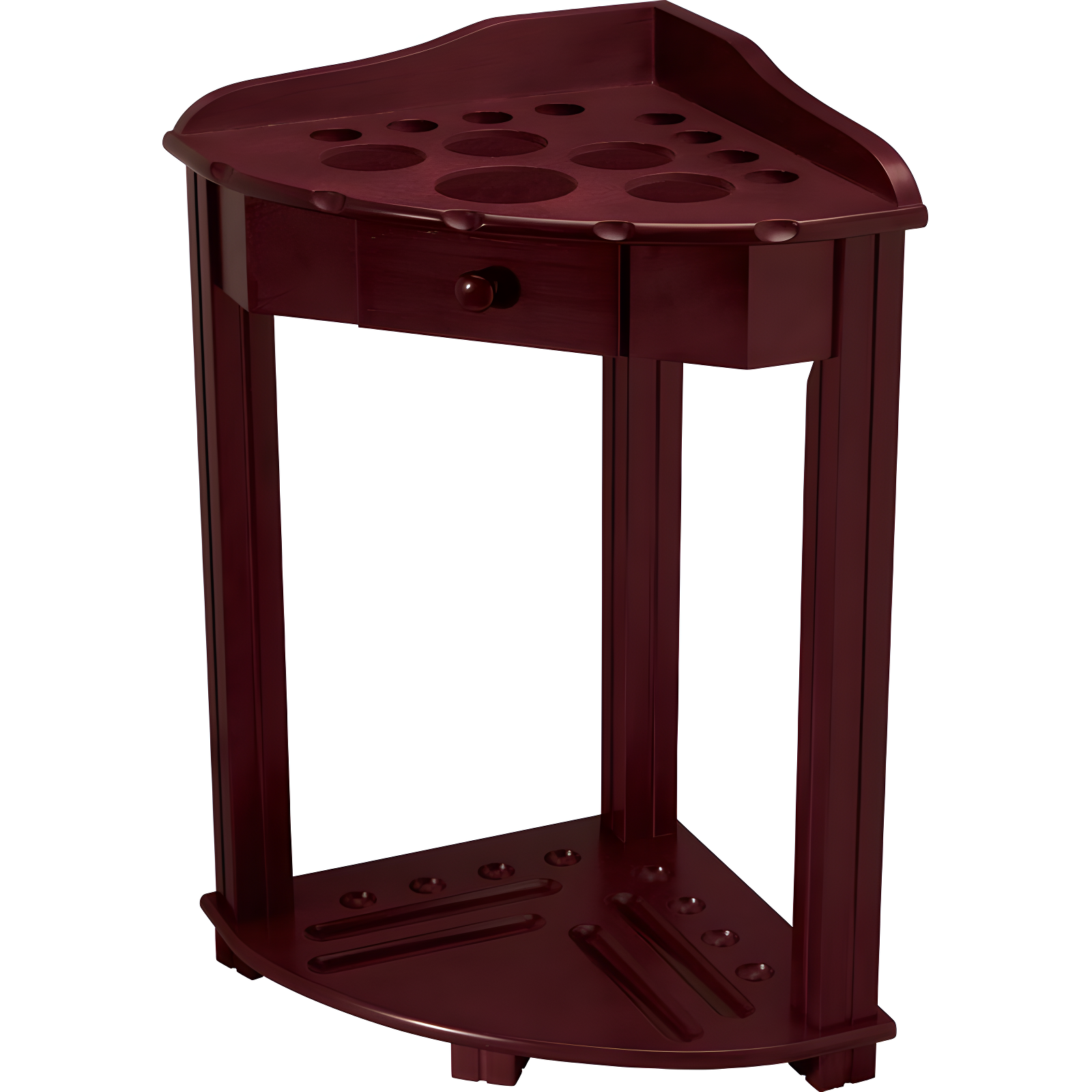 Wine Stained Wood Corner Pool Cue Rack with Drawer