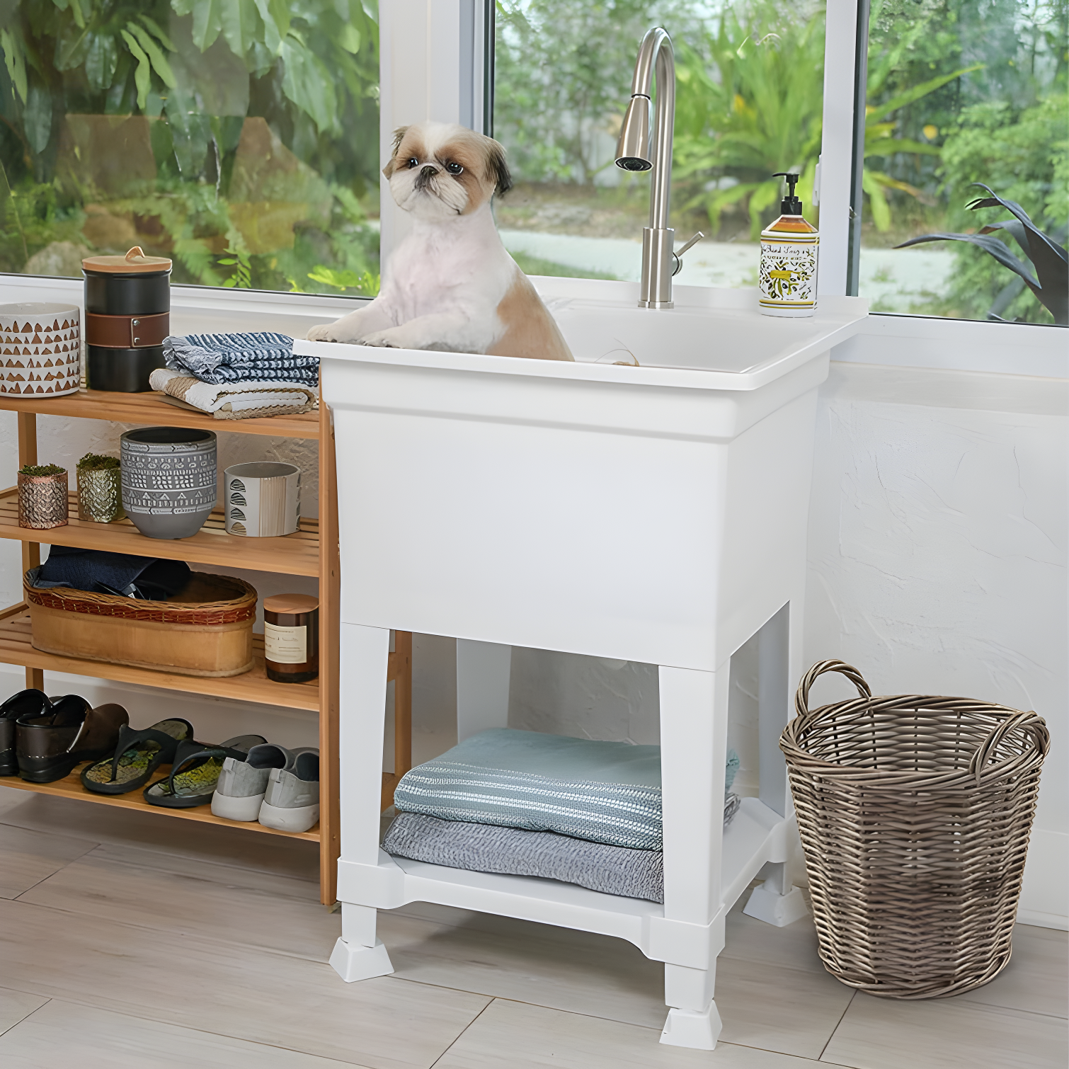 White Plastic 24'' Freestanding Utility Sink with Stainless Faucet