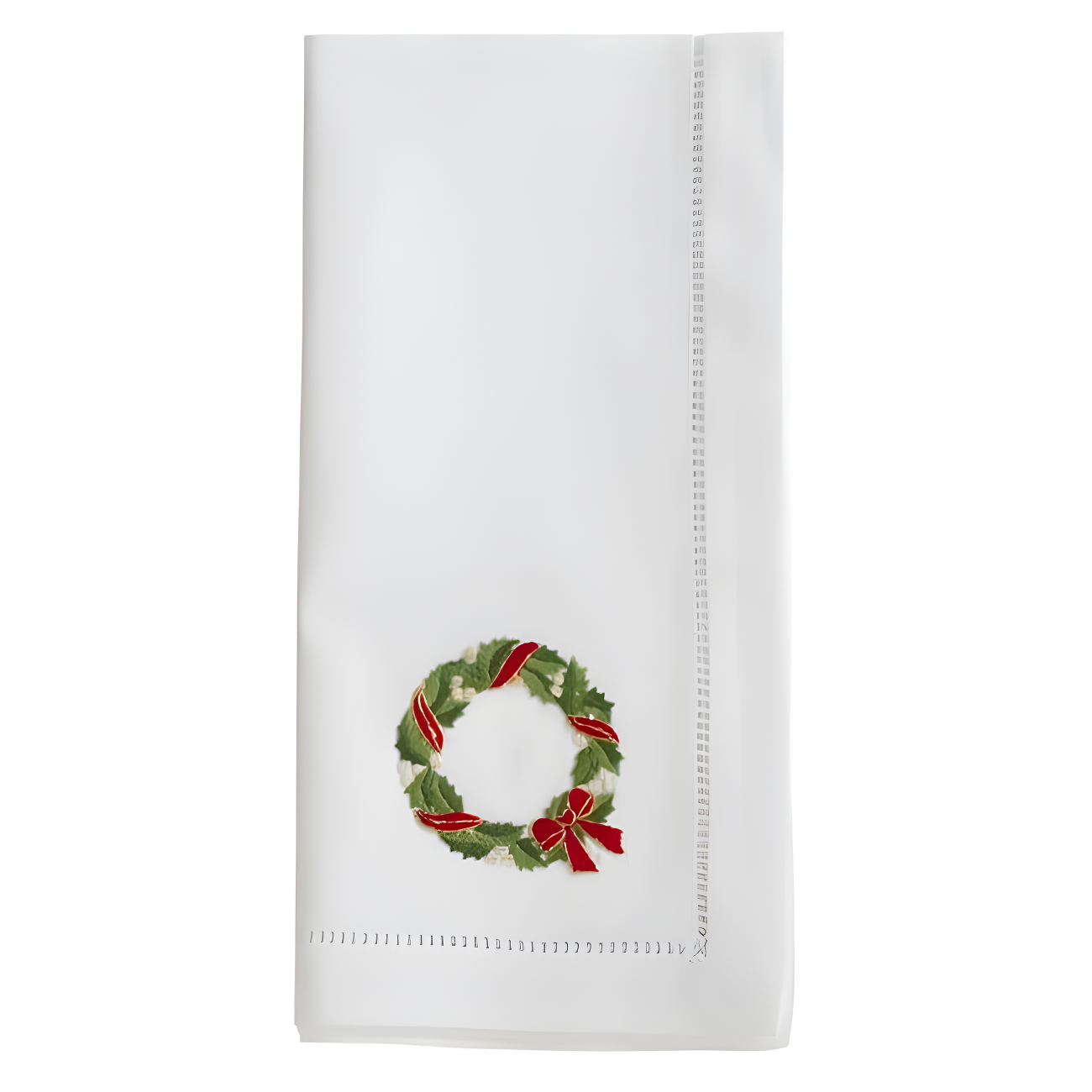 White Cotton Napkins with Embroidered Christmas Wreath, 20"x20", Set of 6