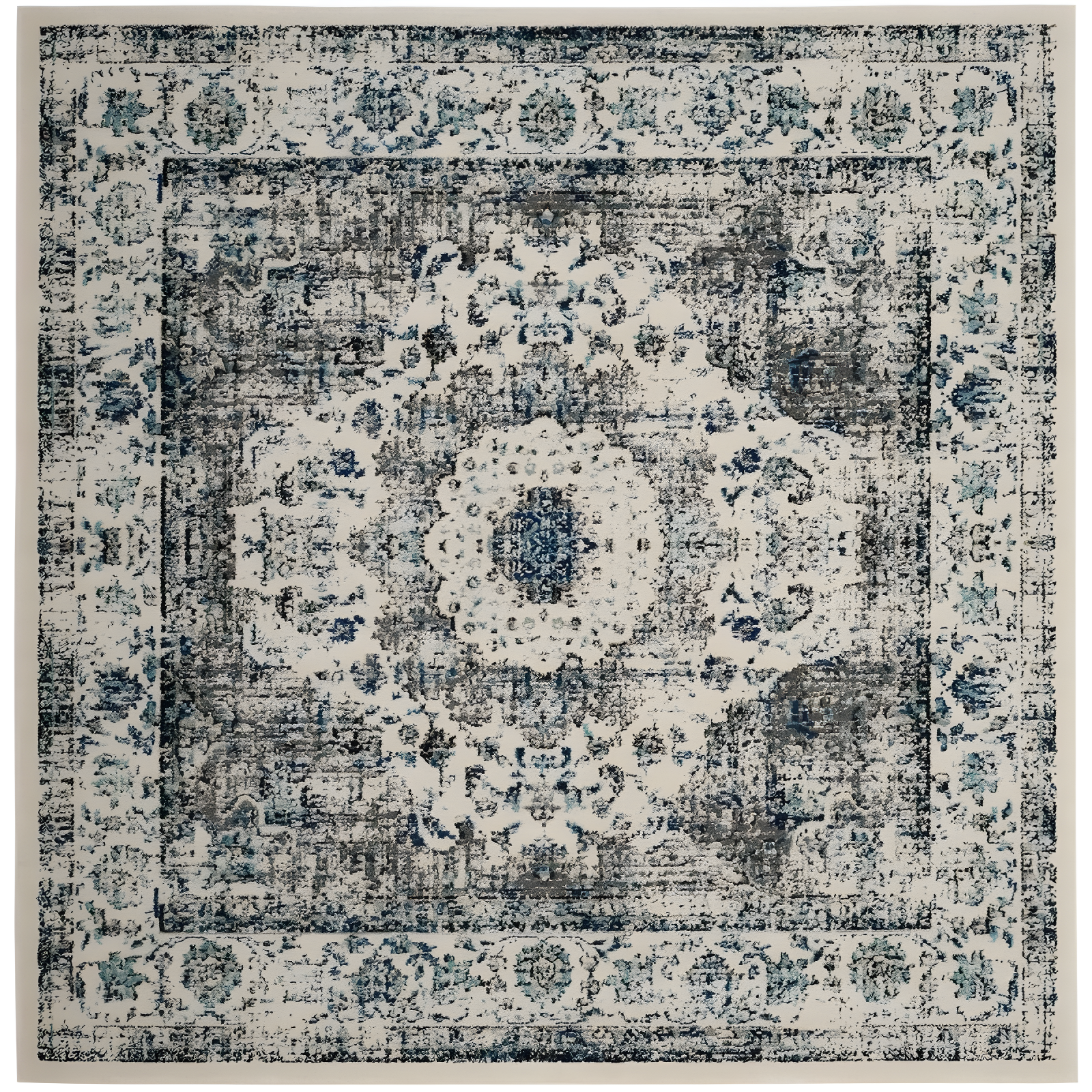 Grey and Ivory Floral High Pile Square Area Rug