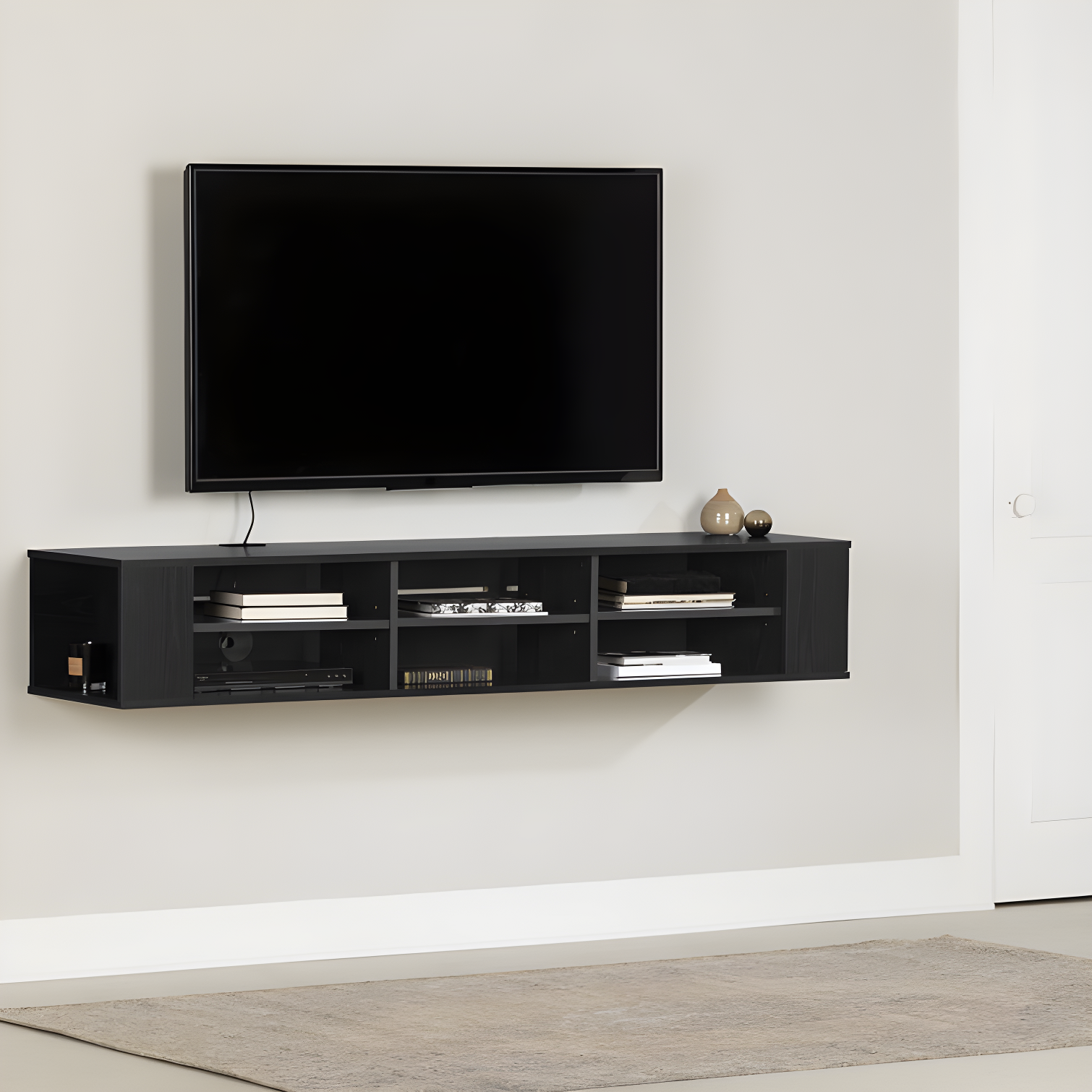 Black Oak 66" Wall Mounted Media Console with Cabinet