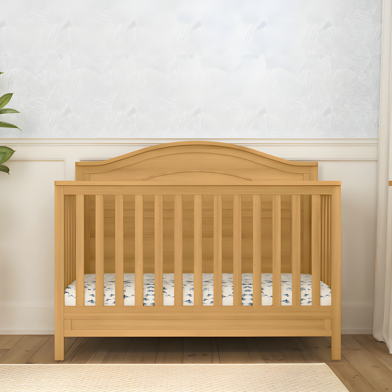 Honey Pine 4-in-1 Convertible Crib with Arched Headboard