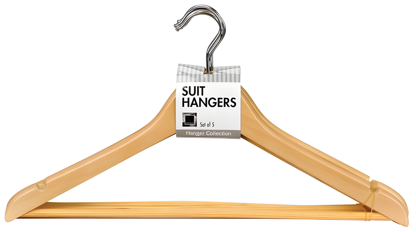 Natural Wood Lacquered Suit Hangers with Chrome Hook, Set of 5