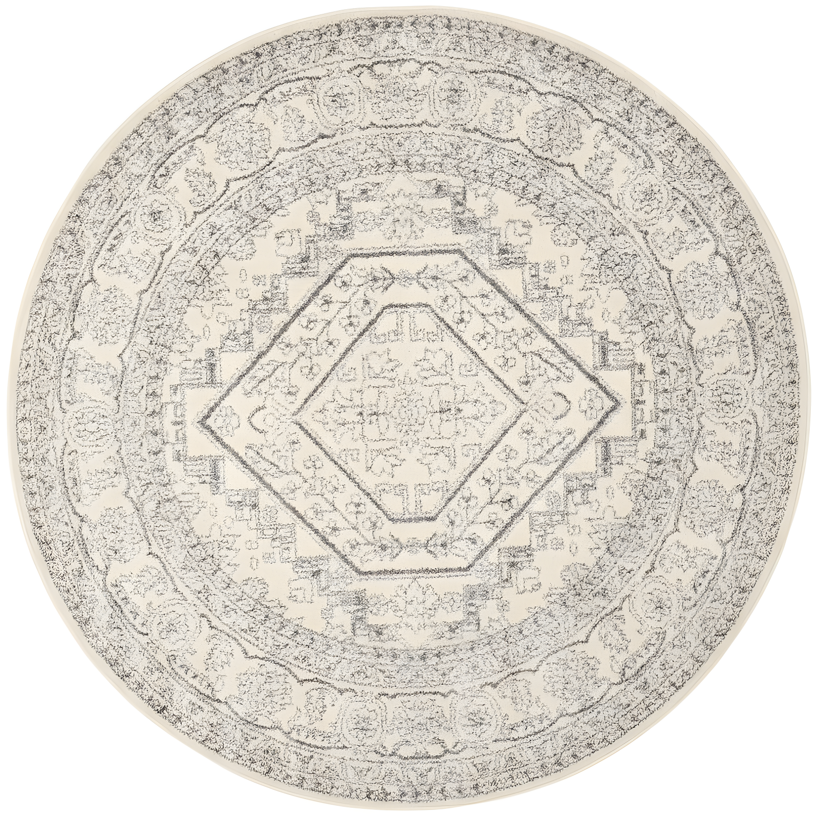 Ivory and Silver Round Synthetic Easy-Care Area Rug