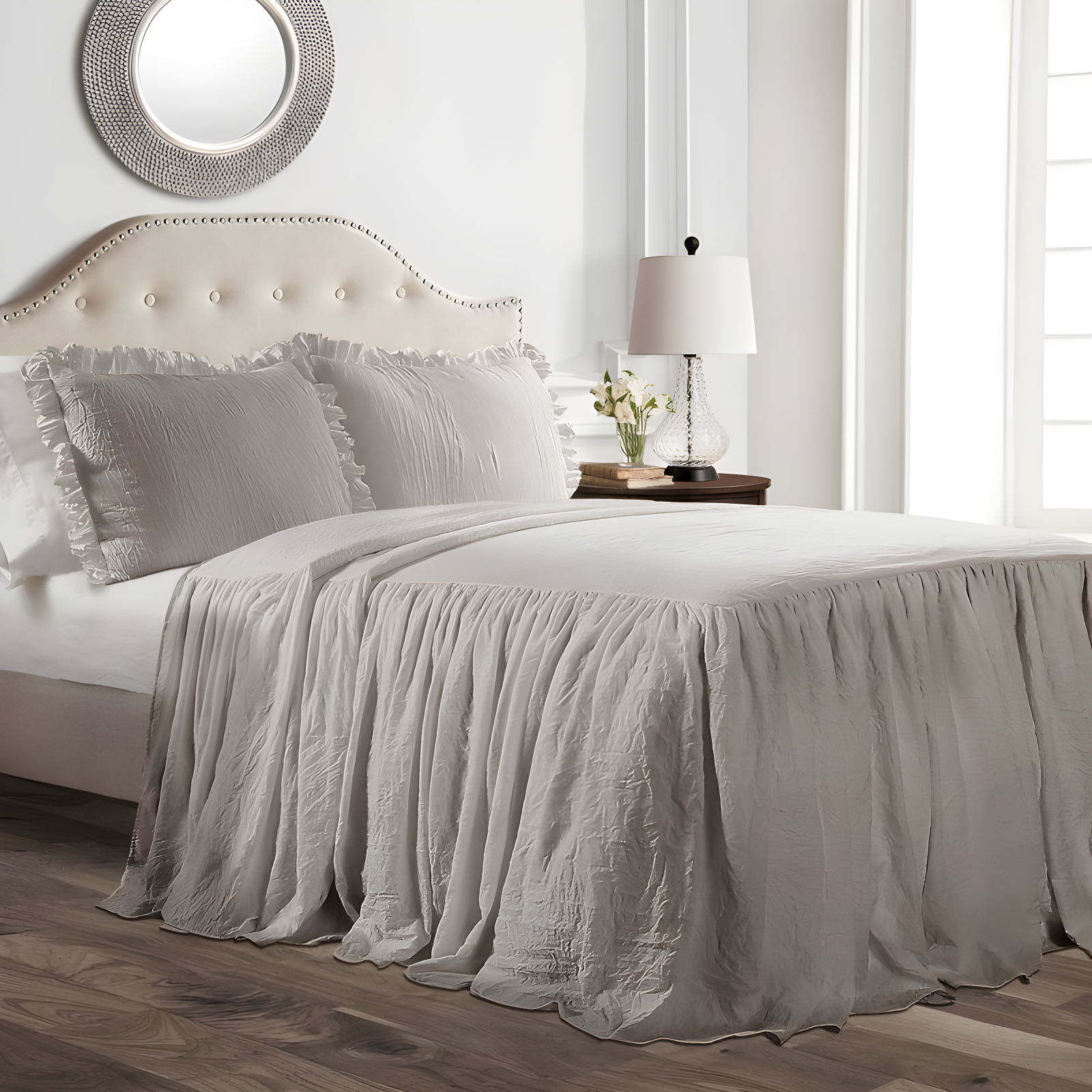 Elegant Gray Microfiber Queen Bedspread Set with Ruffle Detail